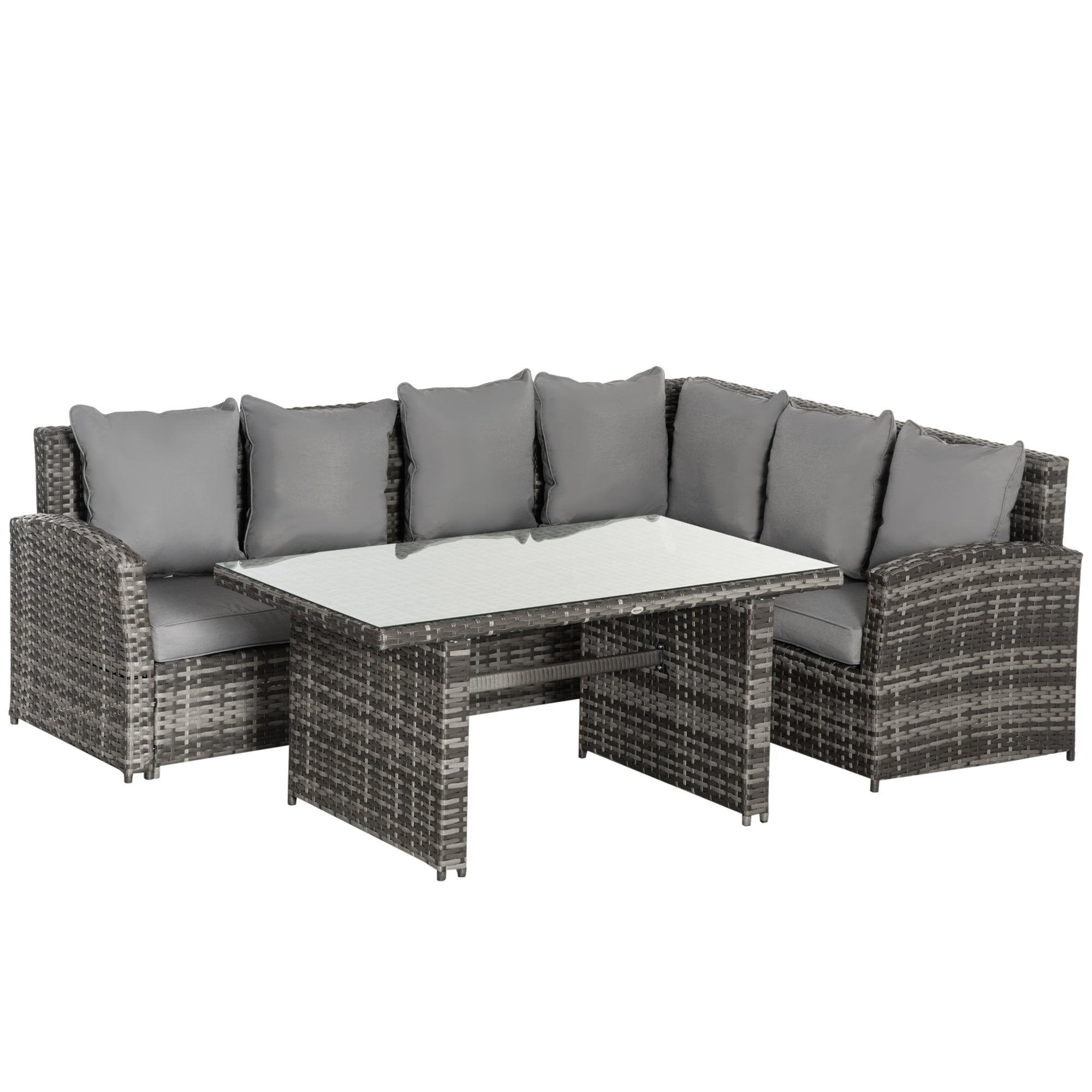 Outsunny 6-Seater PE Rattan Corner Dining Set Outdoor Garden Patio Sofa Table Furniture Set w/ Cushions, Grey | Aosom UK