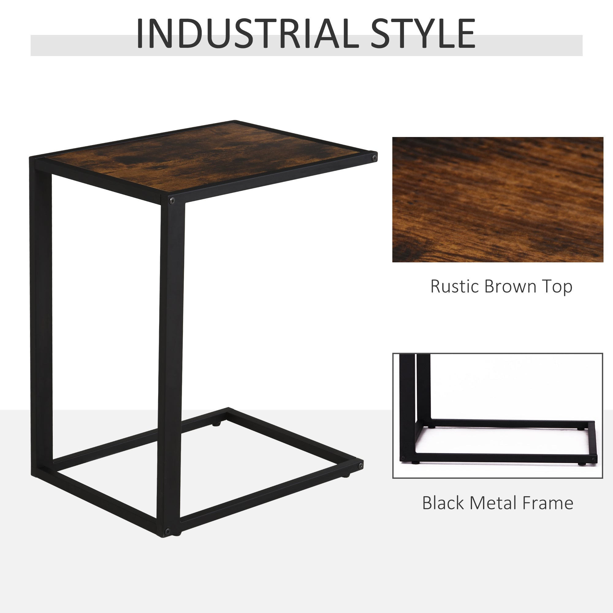 HOMCOM C-Shaped Side Table, Sofa End Table with Metal Frame, Accent Couch Table for Living room, Bedroom, Brown and Black - North Peak Garden Furniture