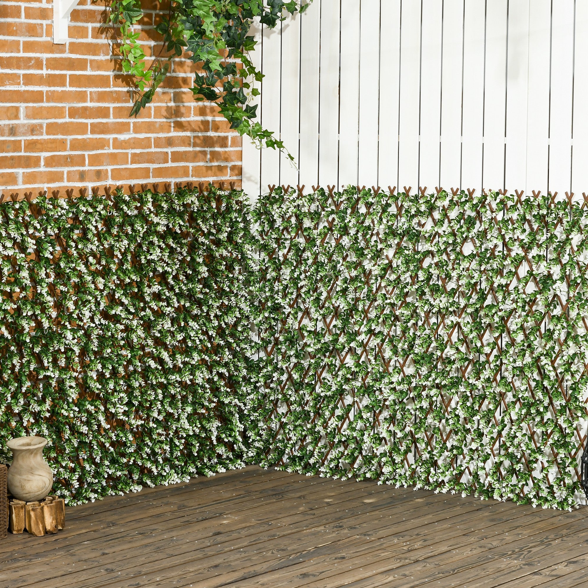 Outsunny 2pc Expanding Garden Trellis, 2 x 1m Faux Decorative Privacy Fence with Artificial Leaves, Privacy Screen Greenery Walls for Garden Balcony, Eucalyptus Leaves - North Peak Garden Furniture