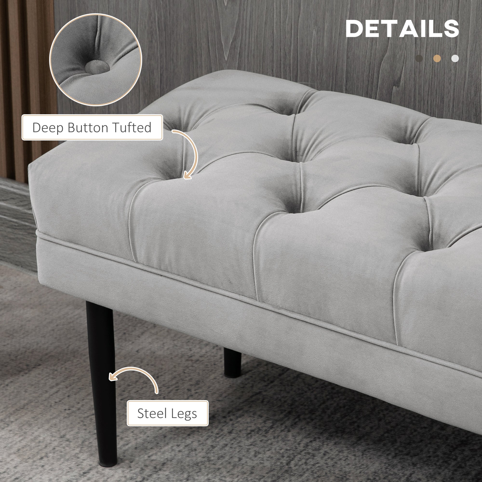 HOMCOM Velvet Bed End Bench, Button Tufted Window Seat, Hallway Shoe Bench, Upholstered Accent Lounge Chair Stool for Living Room, Bedroom, Grey - North Peak Garden Furniture