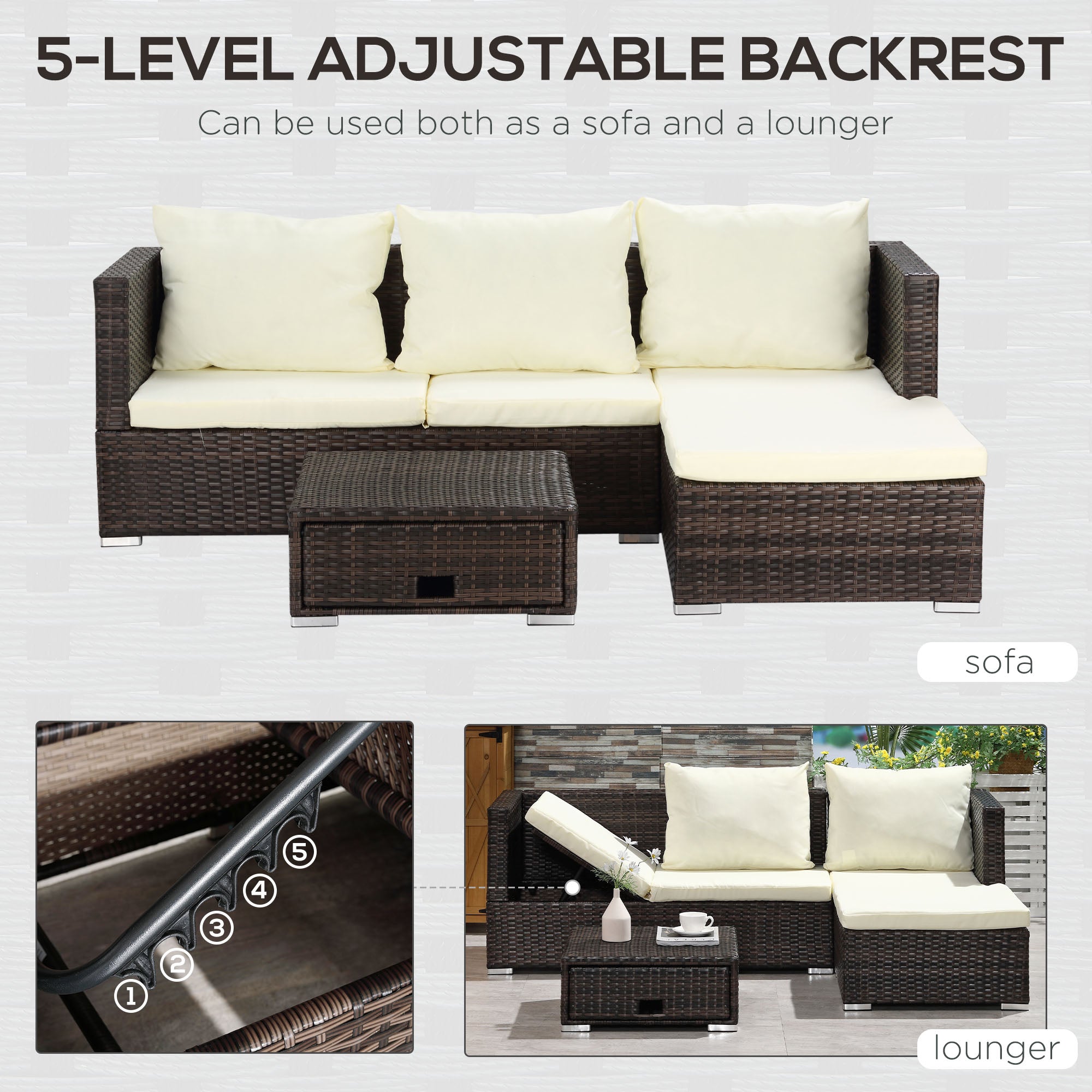 Outsunny 3PC Rattan Garden Furniture Storage Sofa Set 4 Seater Wicker Coffee Table Conservatory Sun Lounger Reclining Set Outdoor Weave with Cushion Brown - North Peak Garden Furniture