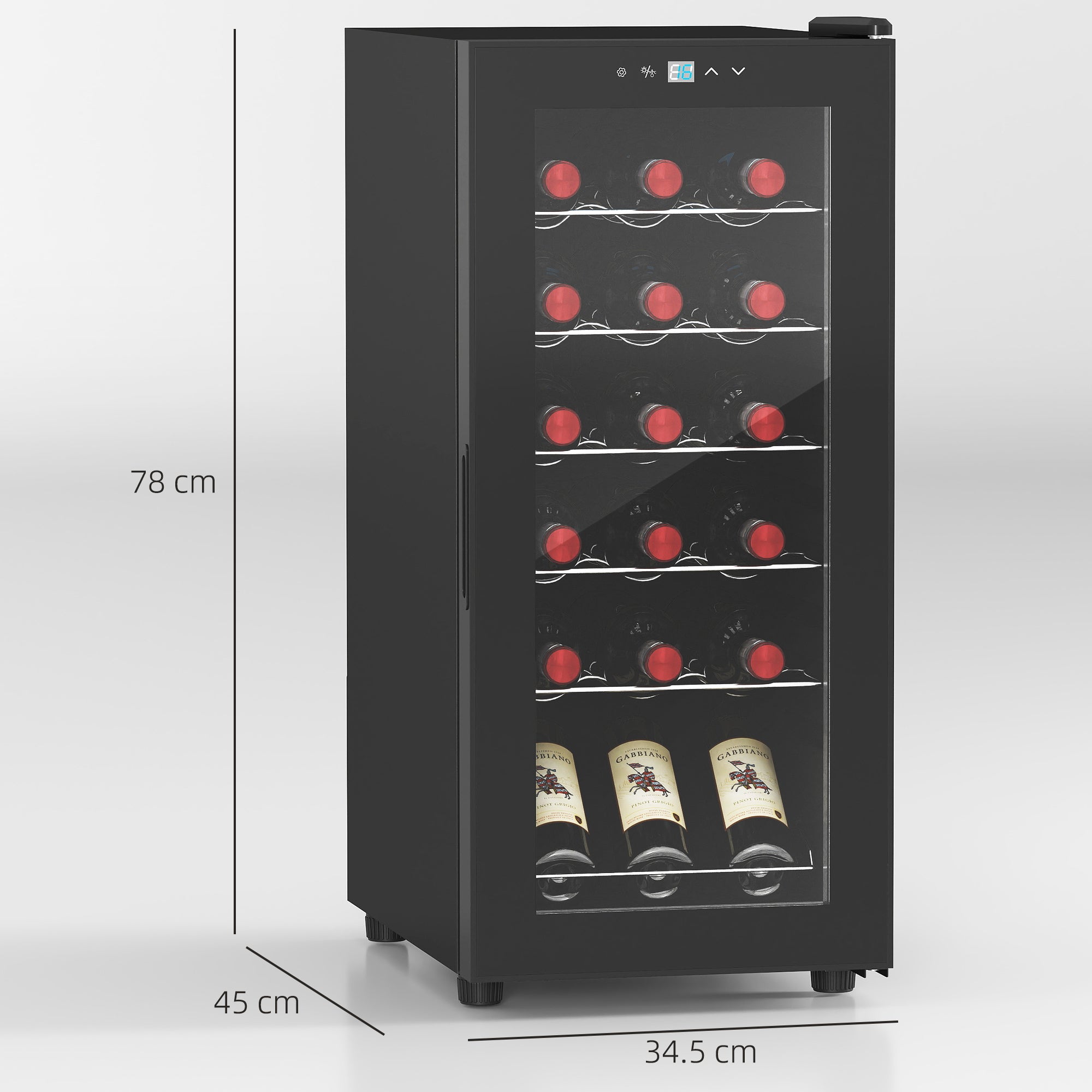 HOMCOM 50L Wine Cooler, 18 Bottles Freestanding Wine Fridge with Glass Door, LED Light, Temperature Control and Digital Touch Screen, Black - North Peak Garden Furniture