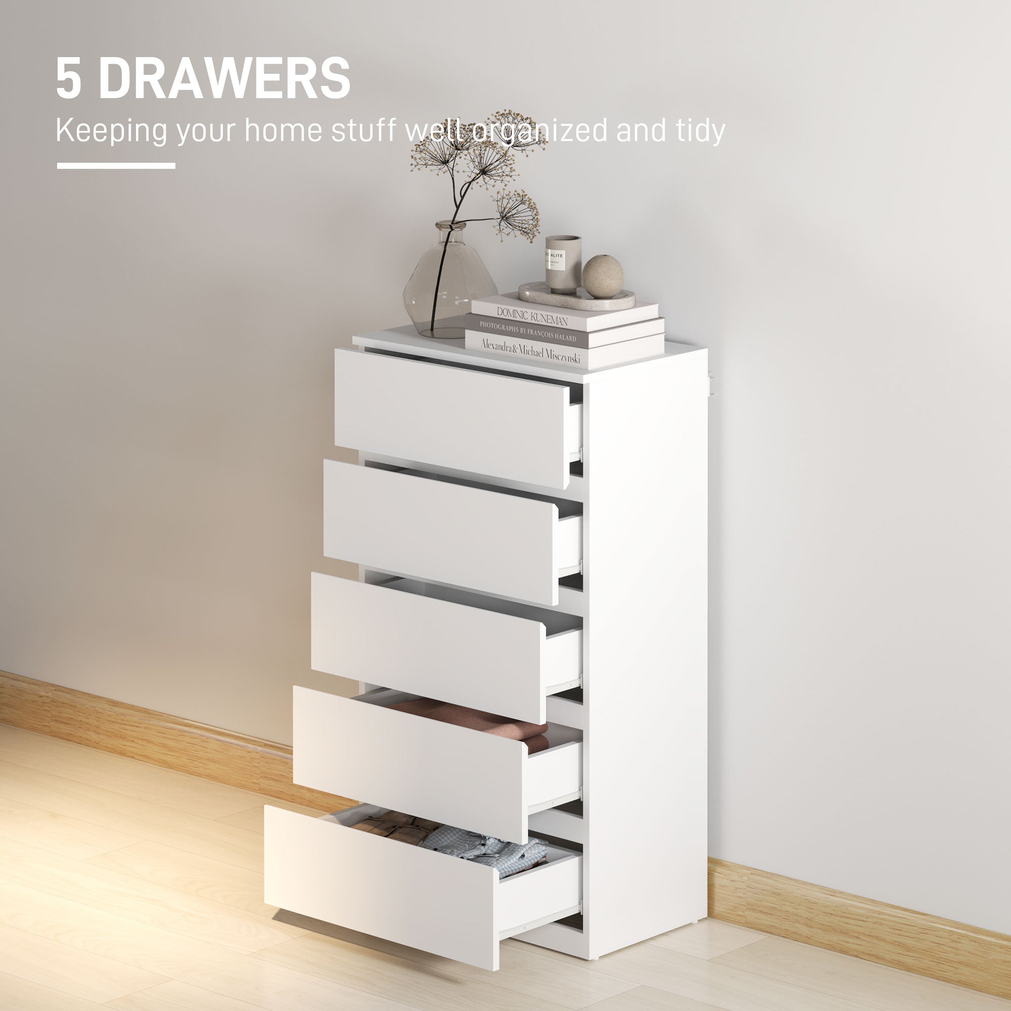 HOMCOM Chest of Drawers, 5-Drawer Storage Cabinets, Modern Dresser, Storage Drawer Unit for Bedroom - North Peak Garden Furniture