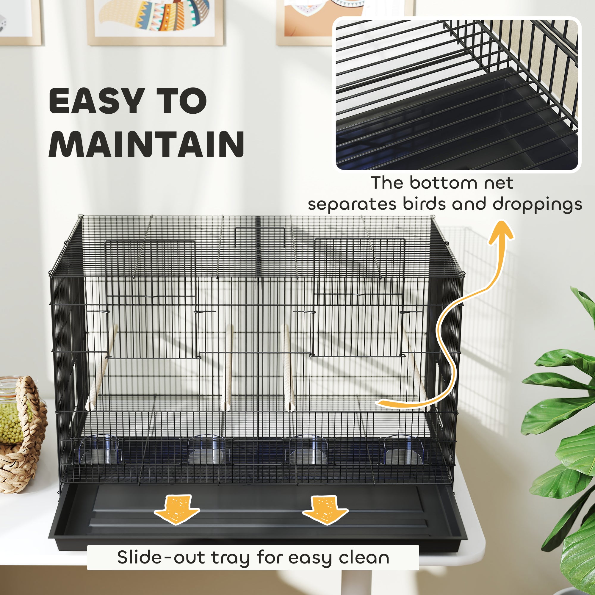 PawHut Bird Cage with Divider, 4 Wooden Perches, Slide Out Tray, 4 Feeders, for Budgie, Lovebird, Canary, 76 x 46 x 46cm, Black - North Peak Garden Furniture