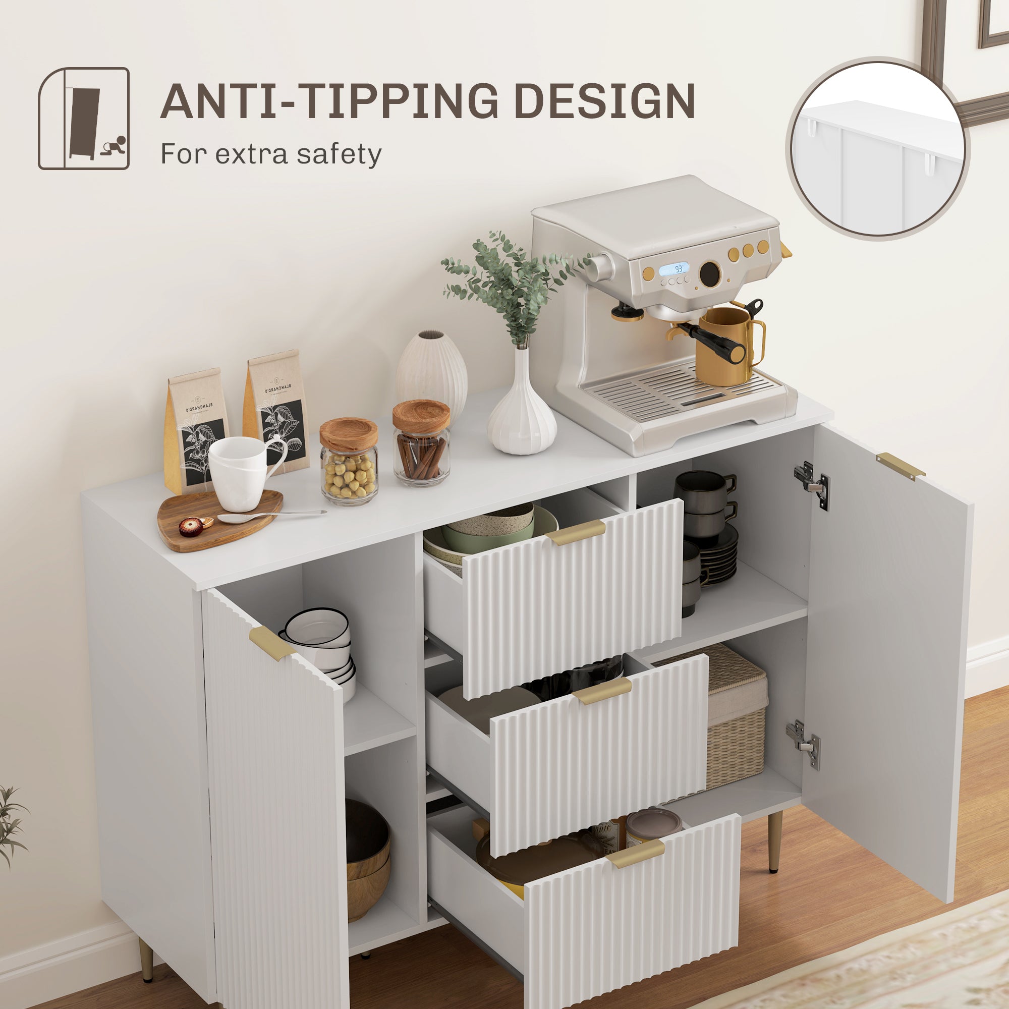 HOMCOM 2-Door Sideboard with 3 Drawers and Adjustable Shelves - White