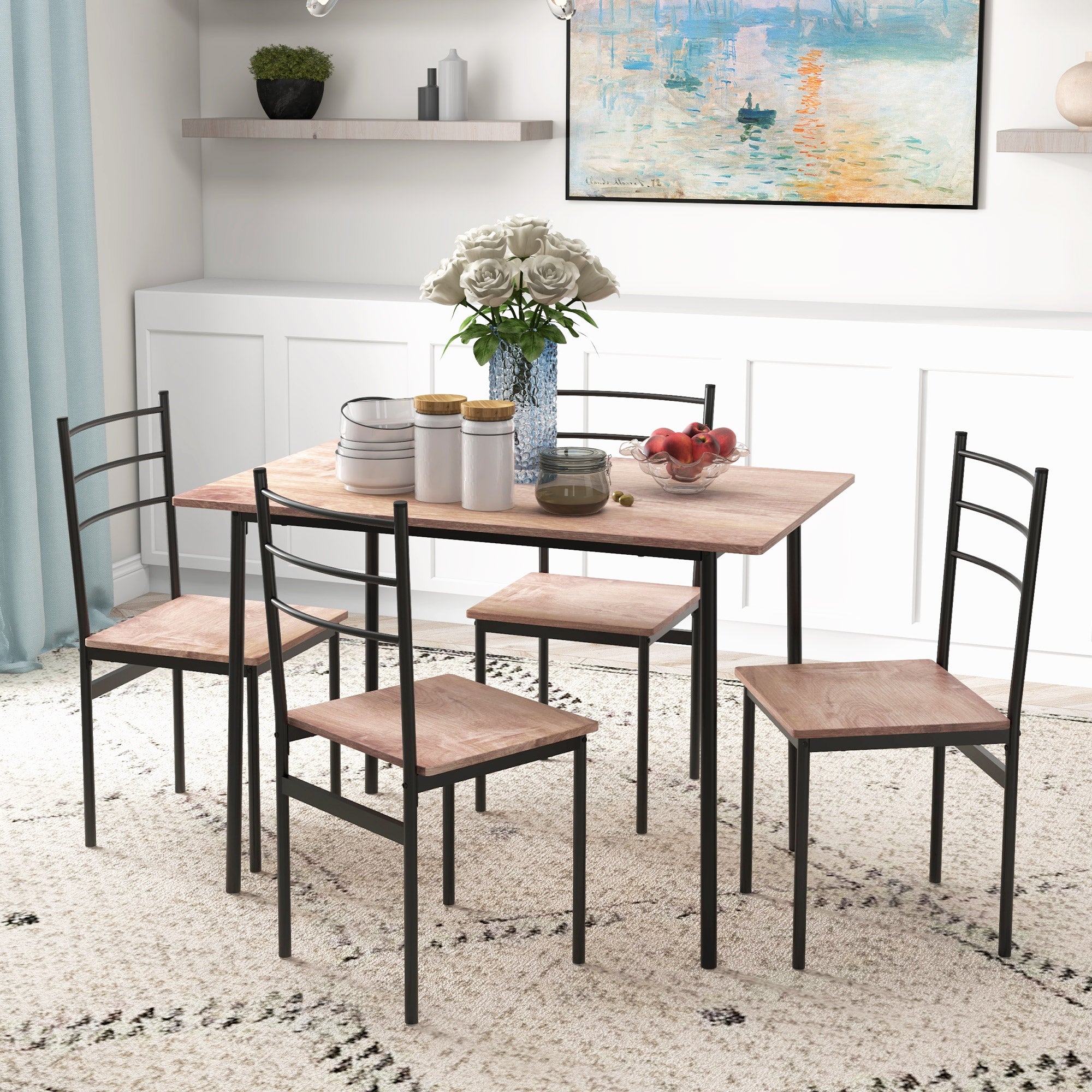 HOMCOM 5 Piece Dining Table and Chairs Set, Dining Room Sets, Steel Frame Space Saving Table and 4 Chairs for Compact Kitchens, Black - North Peak Garden Furniture