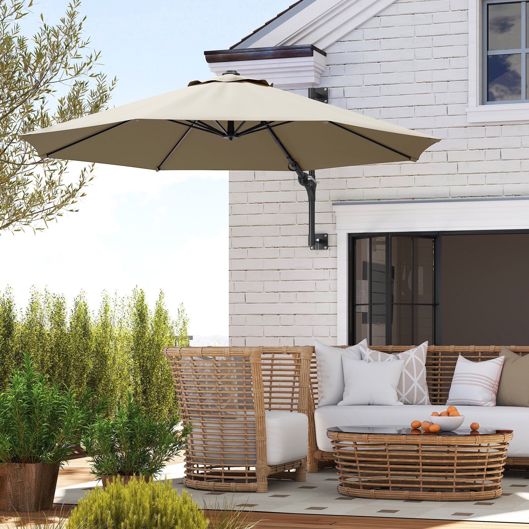 Outsunny 3(m) Wall-Mounted Parasol Shade, with Handle - Khaki - North Peak Garden Furniture