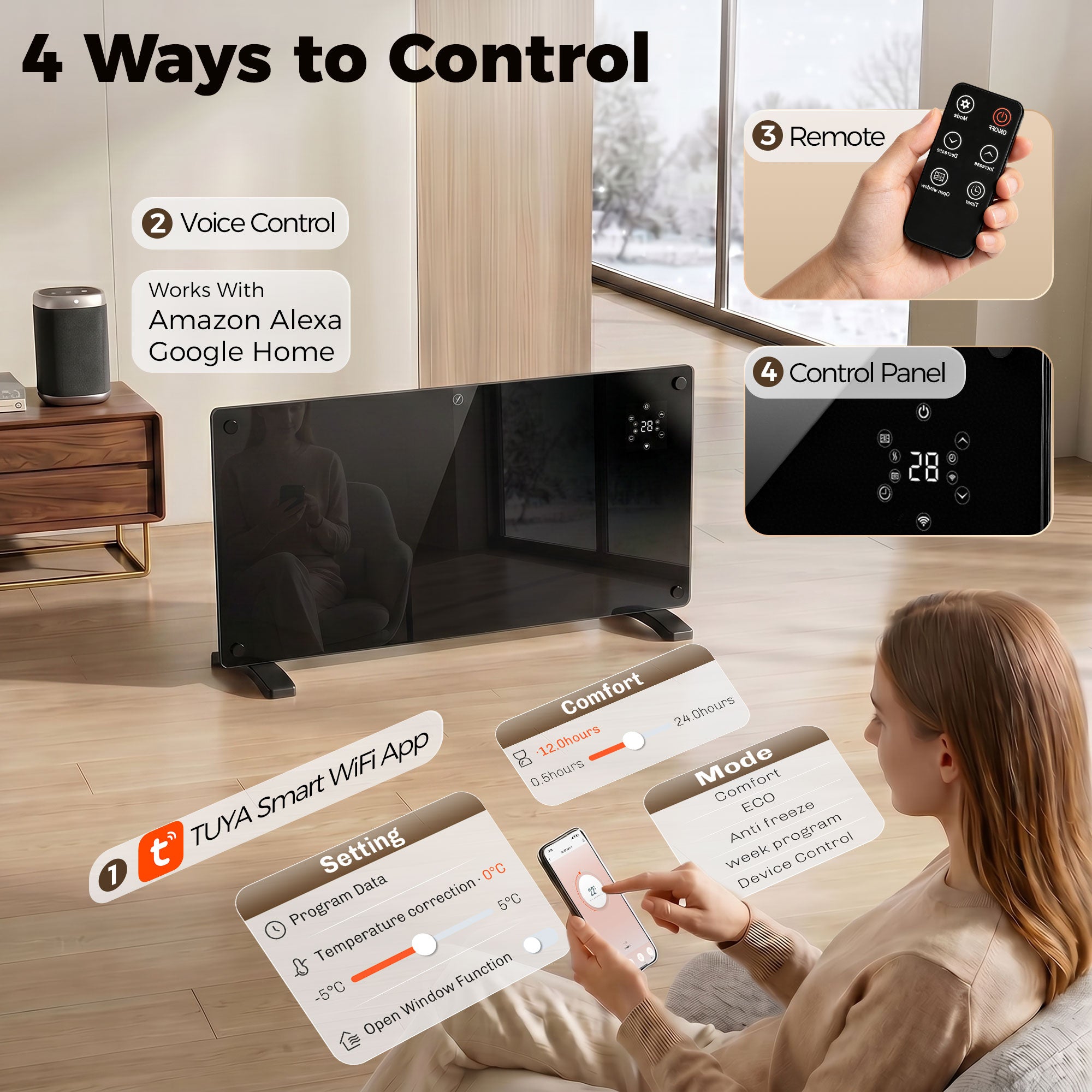 HOMCOM 1500W 5-35℃ Smart Control Heater - Black
