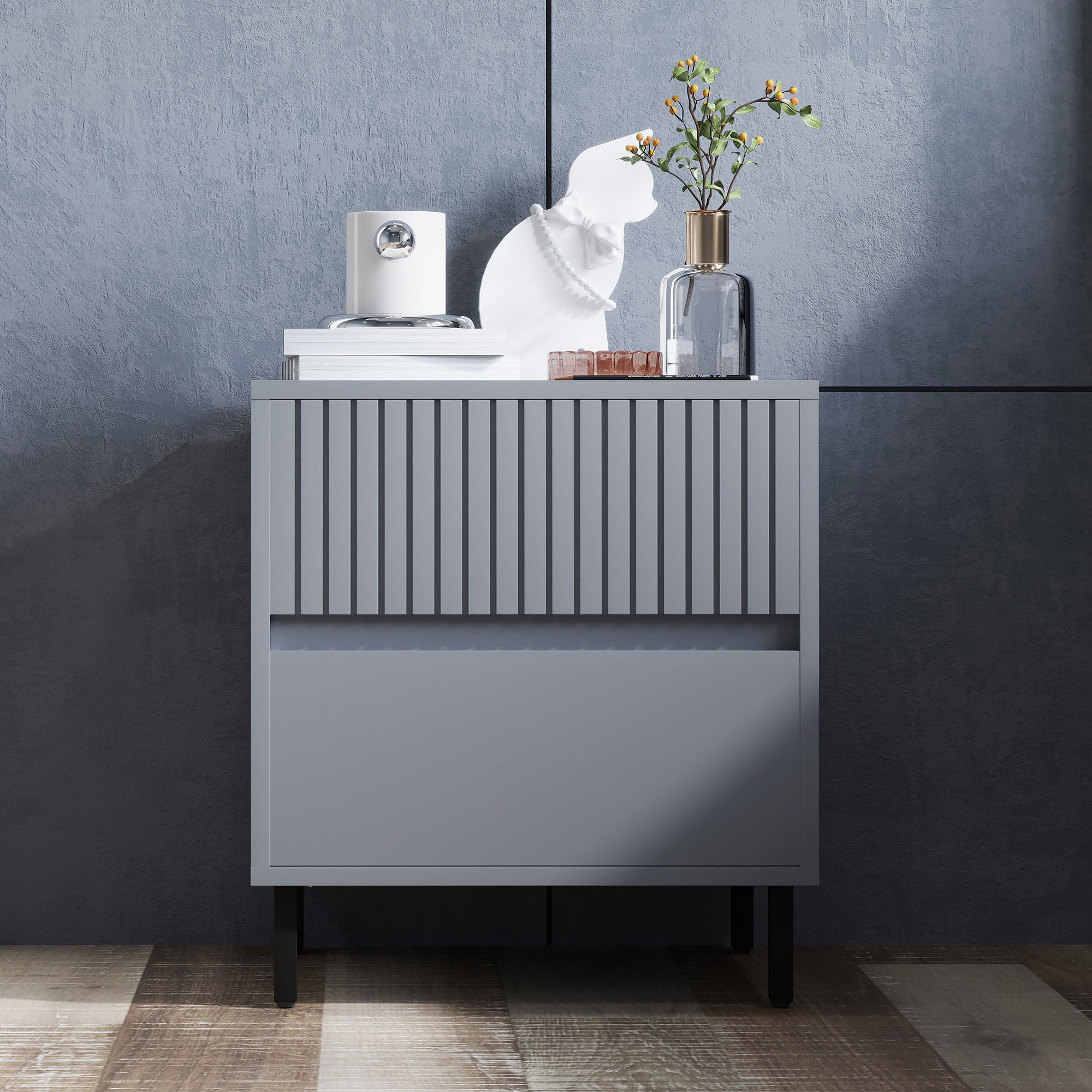 HOMCOM Simple Line Indented Two-Drawer Bedside Table - Grey - North Peak Garden Furniture
