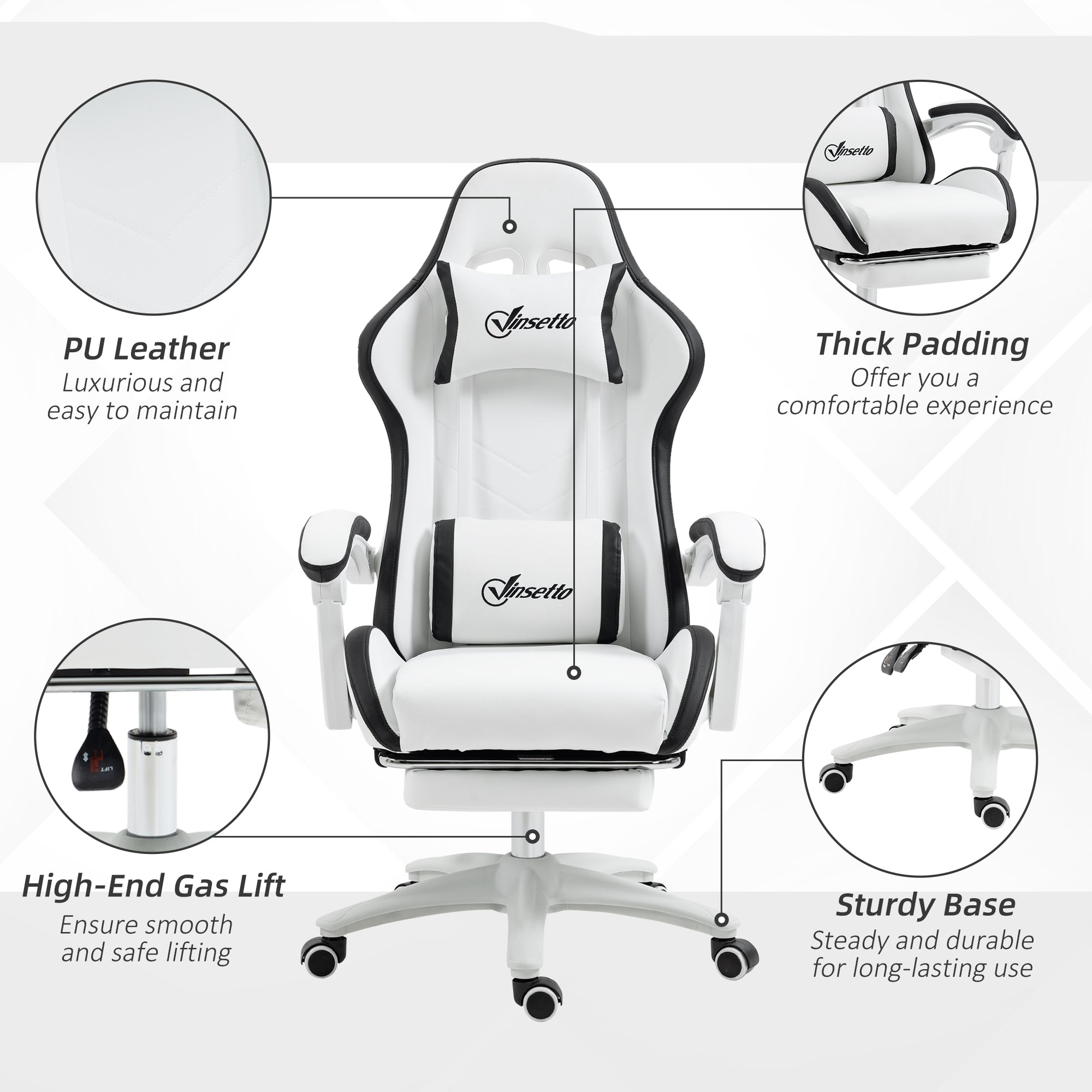 Vinsetto Computer Gaming Chair, PU Leather Desk Chair with Footrest, Swivel Task Chair with 135° Reclining Back and Lumbar Support, PC Chair for Adults, White and Black - North Peak Garden Furniture
