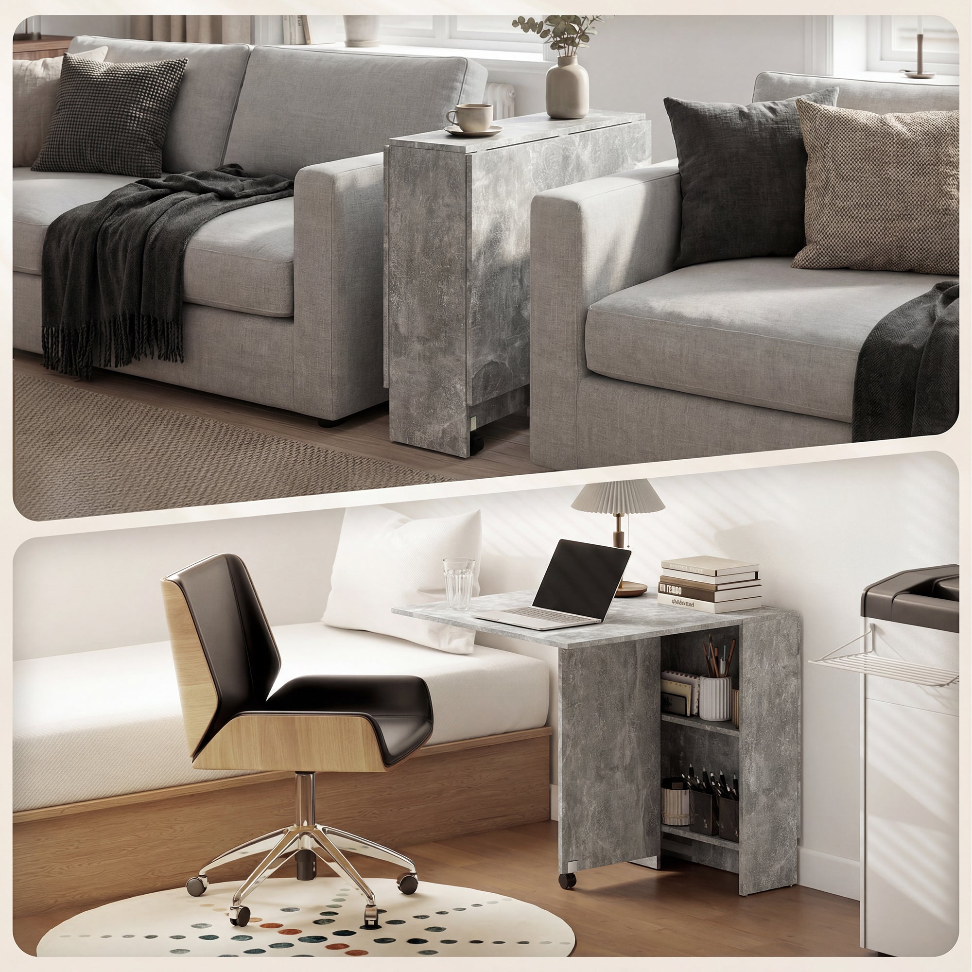 HOMCOM Folding Dining Table, Drop Leaf Table for Small Spaces with 2-tier Shelves, Small Kitchen Table with Rolling Casters, Cement Grey