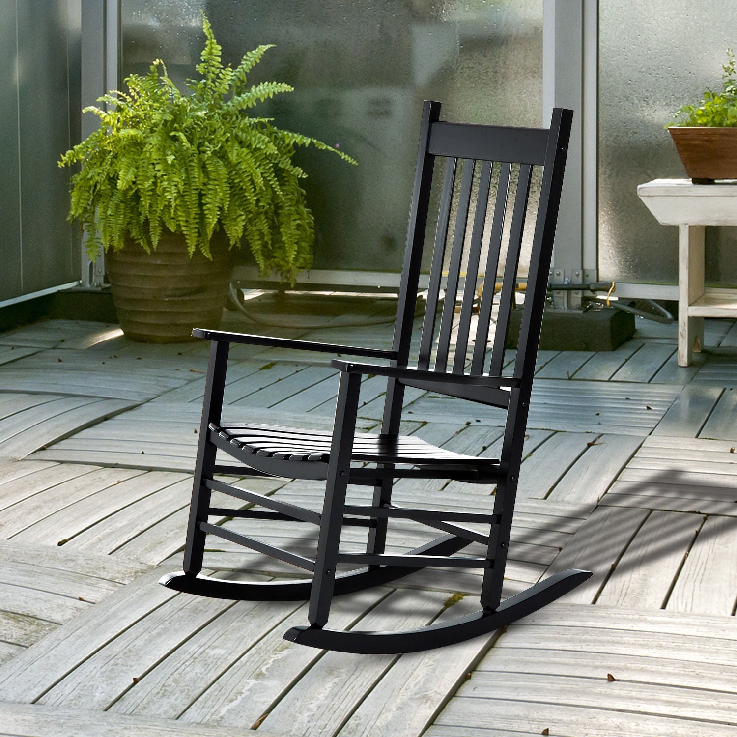 Outsunny Wooden Rocking Chair: Patio Rocker Armchair for Outdoor Seating, Black