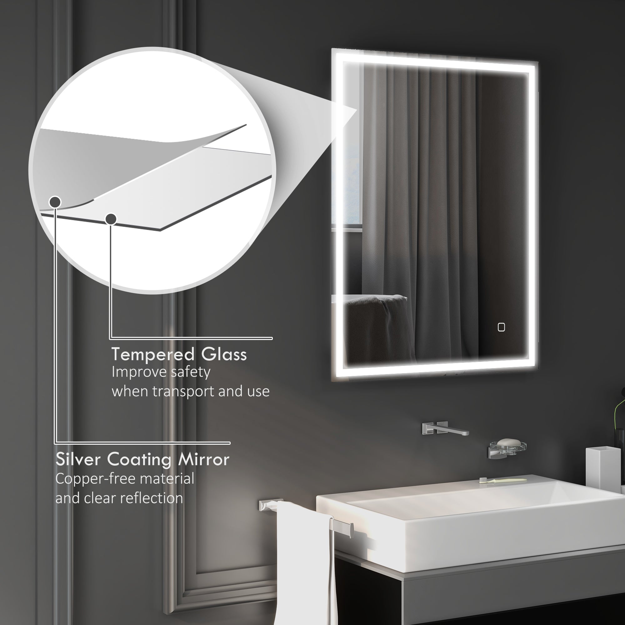 HOMCOM 90 x 70cm LED Bathroom Mirror with Lights, Dimmable Makeup Mirror, Vanity Mirror with 3 Colour, Smart Touch, Anti-Fog - North Peak Garden Furniture