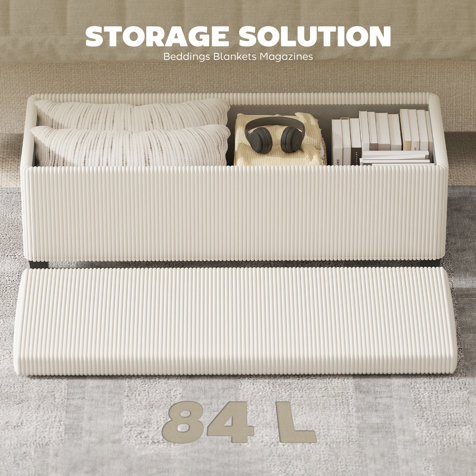 HOMCOM Storage Ottoman Bench, Corduroy Storage Chest Box with Wooden Legs, 112cm Bed End Bench for Living Room, Bedroom, Entryway, Hallway, Beige