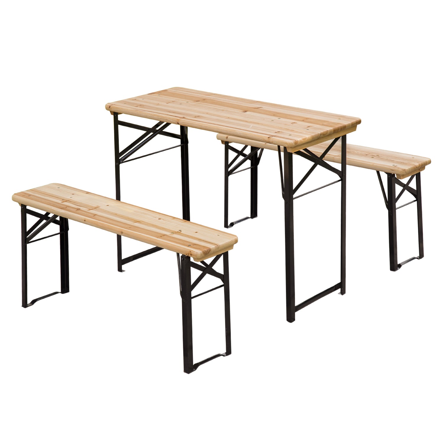 Outsunny Portable Folding Camping Picnic Trestle Beer Table and Bench Set Garden BBQ Chairs Stools Wooden Wood (120cm(L) x 25cm(W) x 46cm(H)) - North Peak Garden Furniture