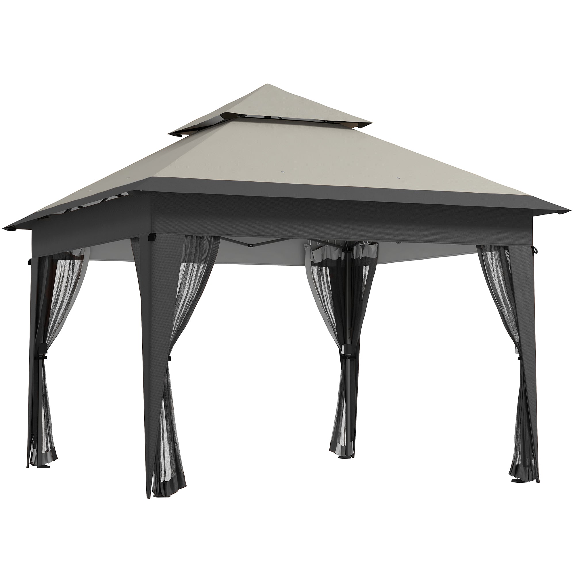 Outsunny 3 x 3(m) Pop Up Gazebo with Mosquito Netting, 1 Person Easy up Marquee Party Tent with 1-Button Push, Double Roof, Carry Bag, Sandbags, Height Adjustable Instant Shelter, Grey - North Peak Garden Furniture