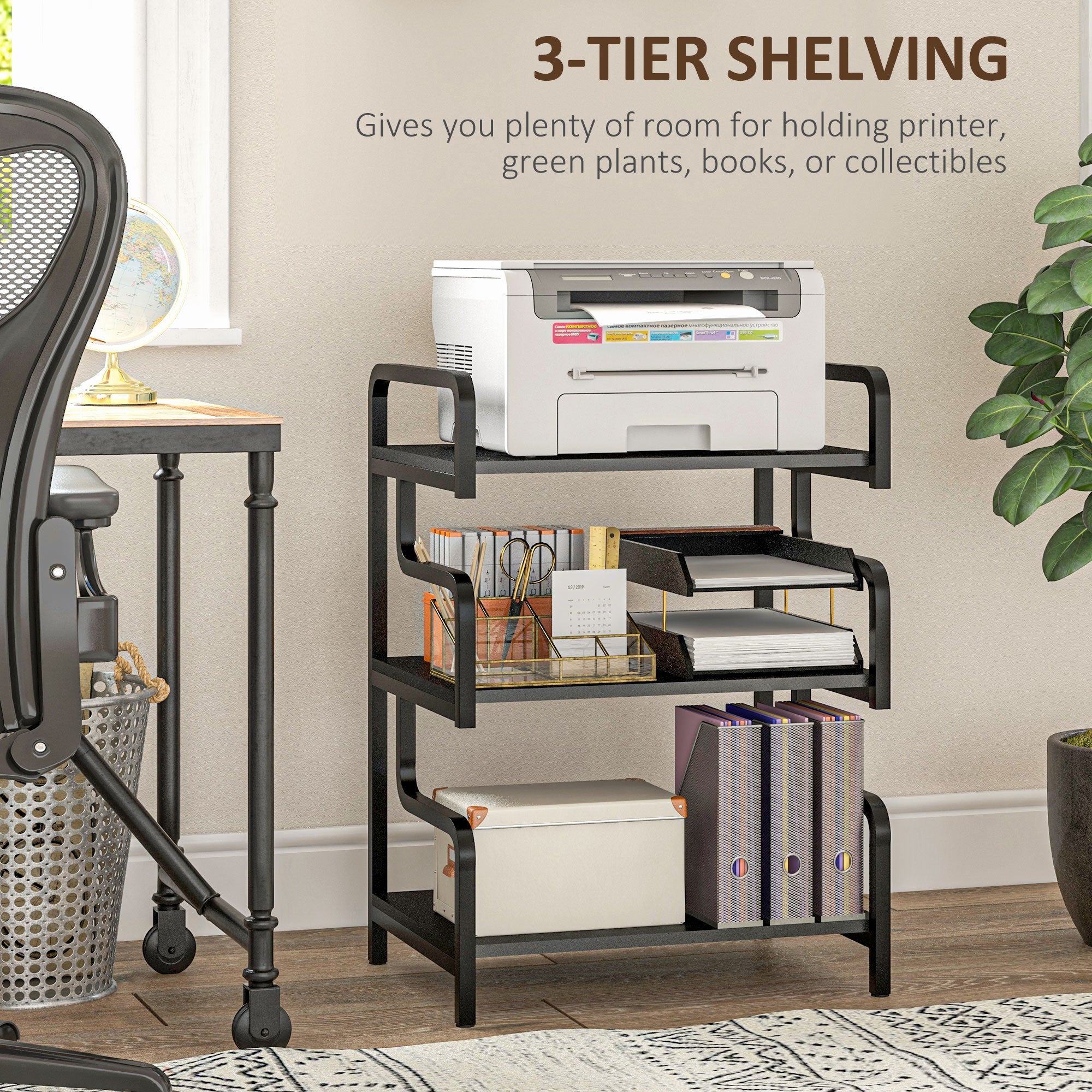 HOMCOM 3-Tier Printer Stand with Storage Shelves, Printer Table, 55 x 40 x 77cm Printer Shelf for Home Office, Study, Black - North Peak Garden Furniture