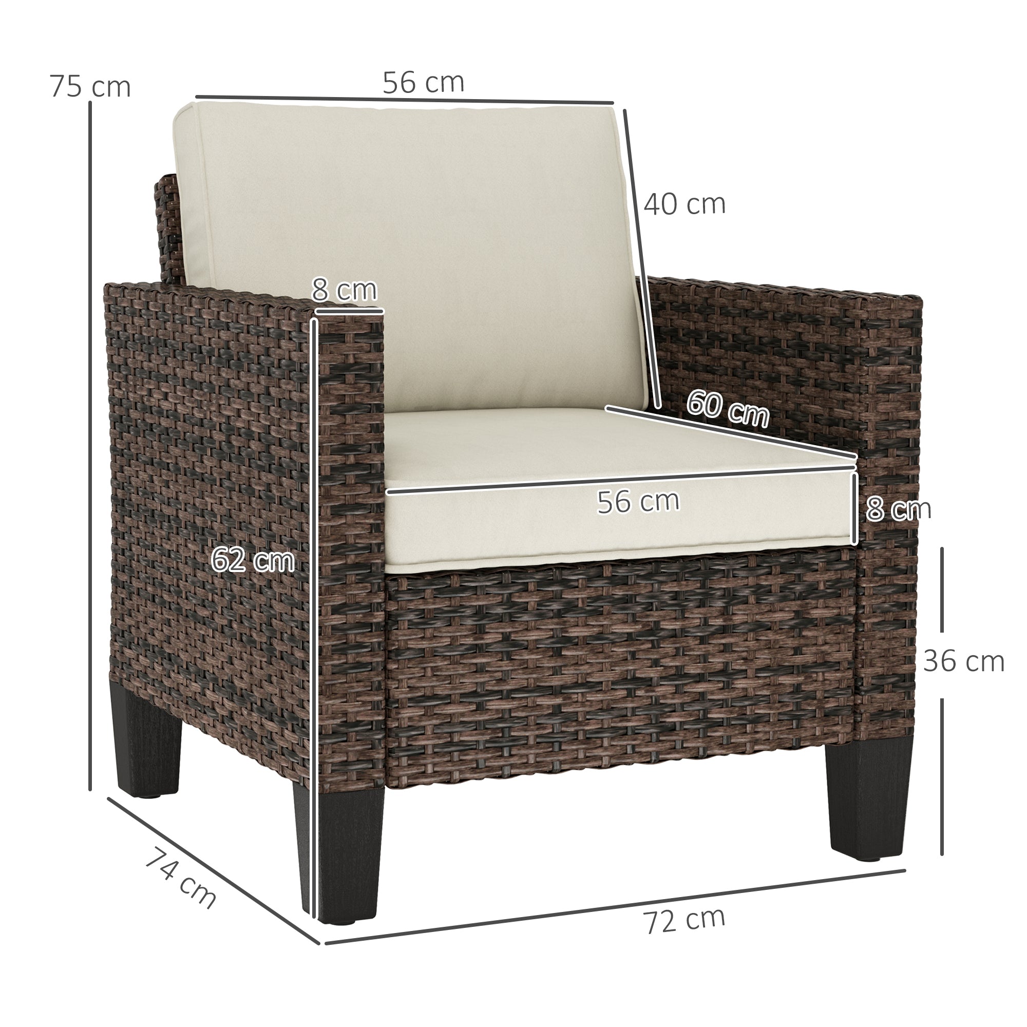 Outsunny Single Rattan Armchair, with Cushions - Brown - North Peak Garden Furniture