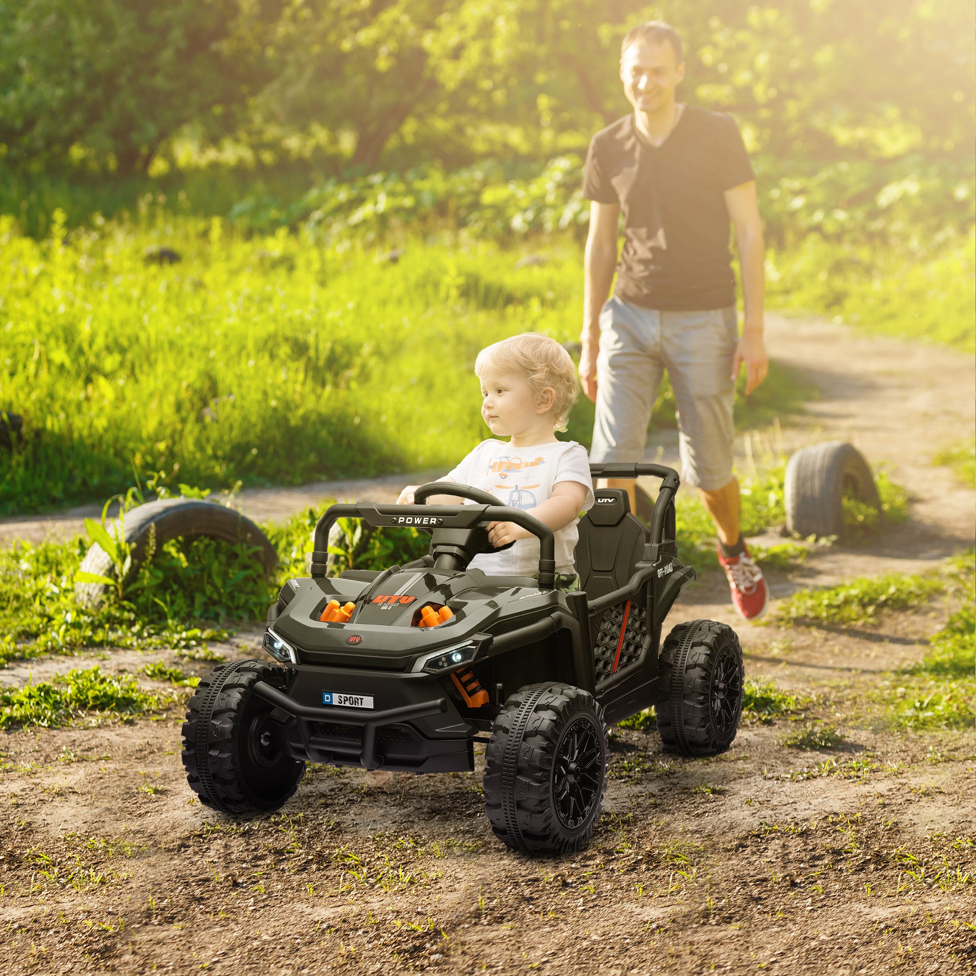 AIYAPLAY 12V Battery Powered Ride on Truck w/ Remote, 4 Suspension Wheels, Horn Lights Music USB, for 3-5 Years Old - Black - North Peak Garden Furniture