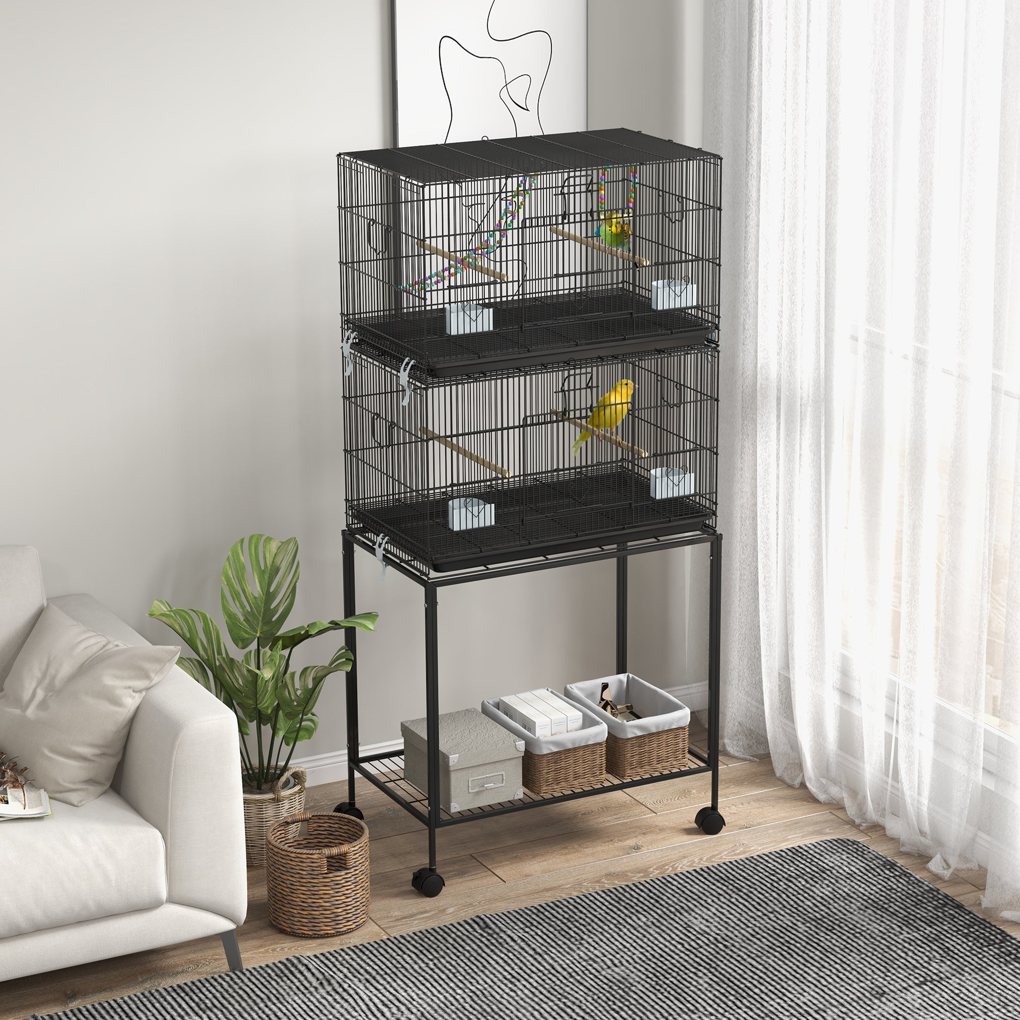 PawHut Two-Tier Bird Cage on Wheels, with Stand, for Small Birds - North Peak Garden Furniture