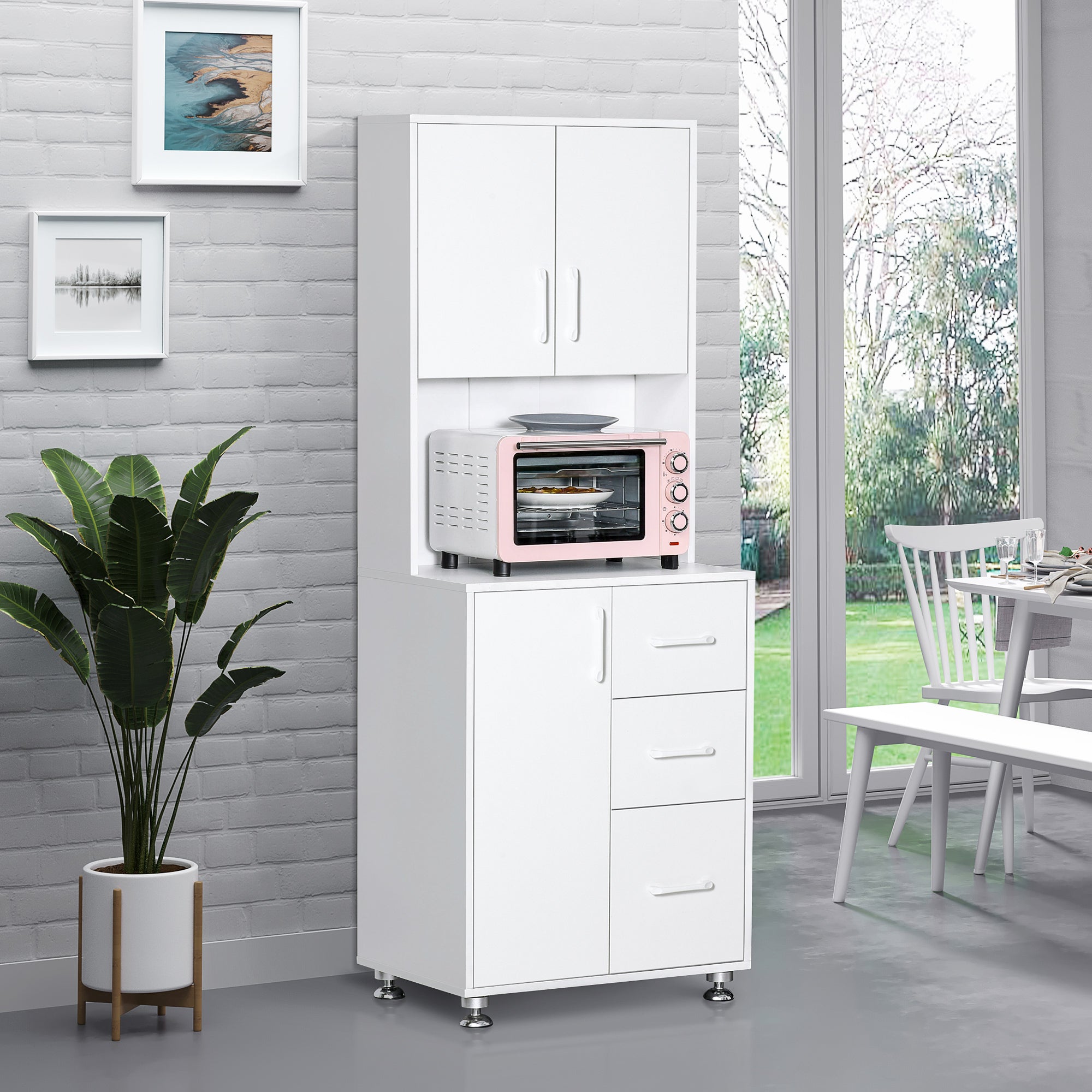 HOMCOM Modern Kitchen Cupboard with Storage Cabinets, 3 Drawers and Open Countertop for Living Room, White - North Peak Garden Furniture
