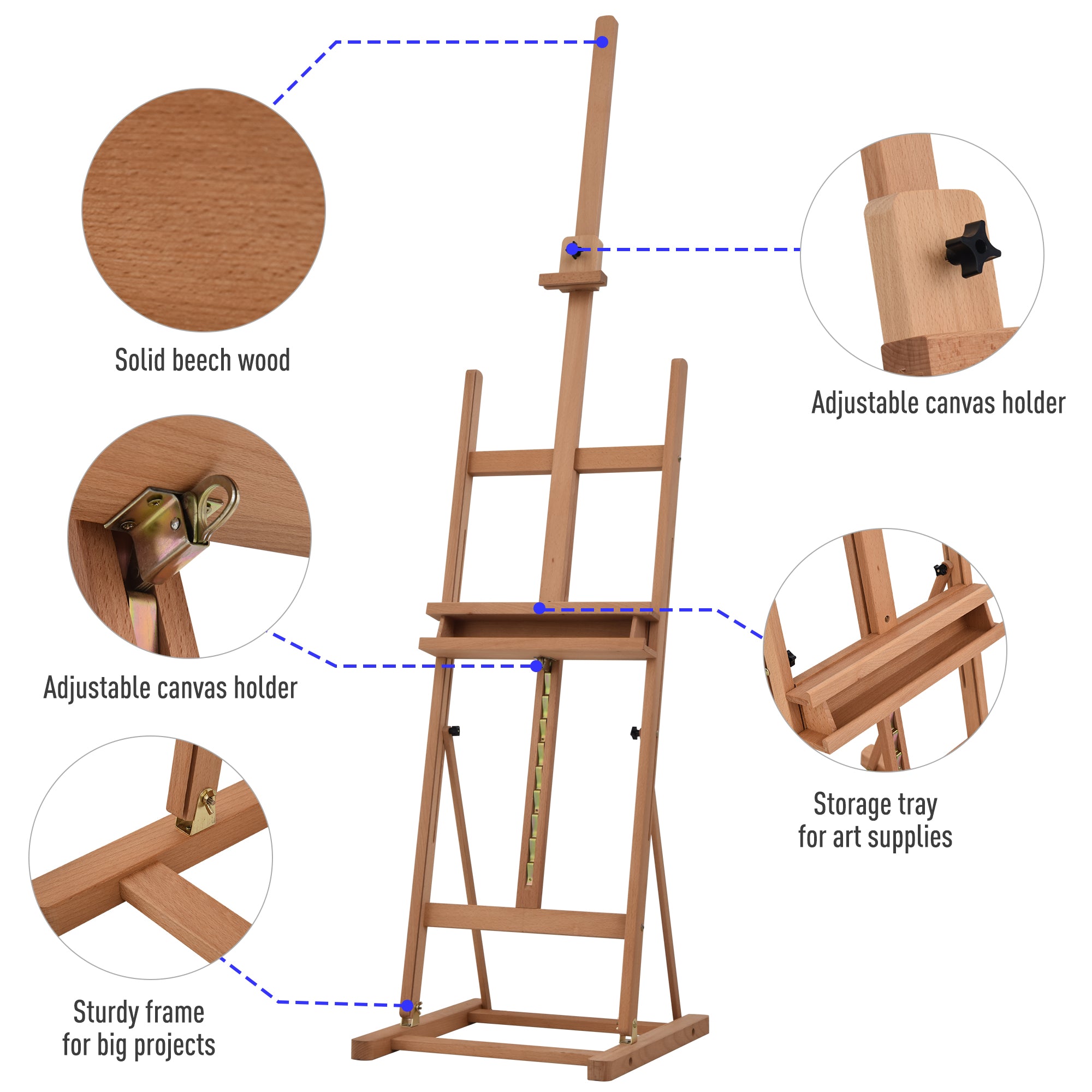 Vinsetto Wooden Easel Stand H-Frame Artist Easel with 171-230cm Adjustable Height and 0-80° Working Angles Beech Wood Art Easel for Displaying Painting Wedding Sign Nature Wood Finish - North Peak Garden Furniture
