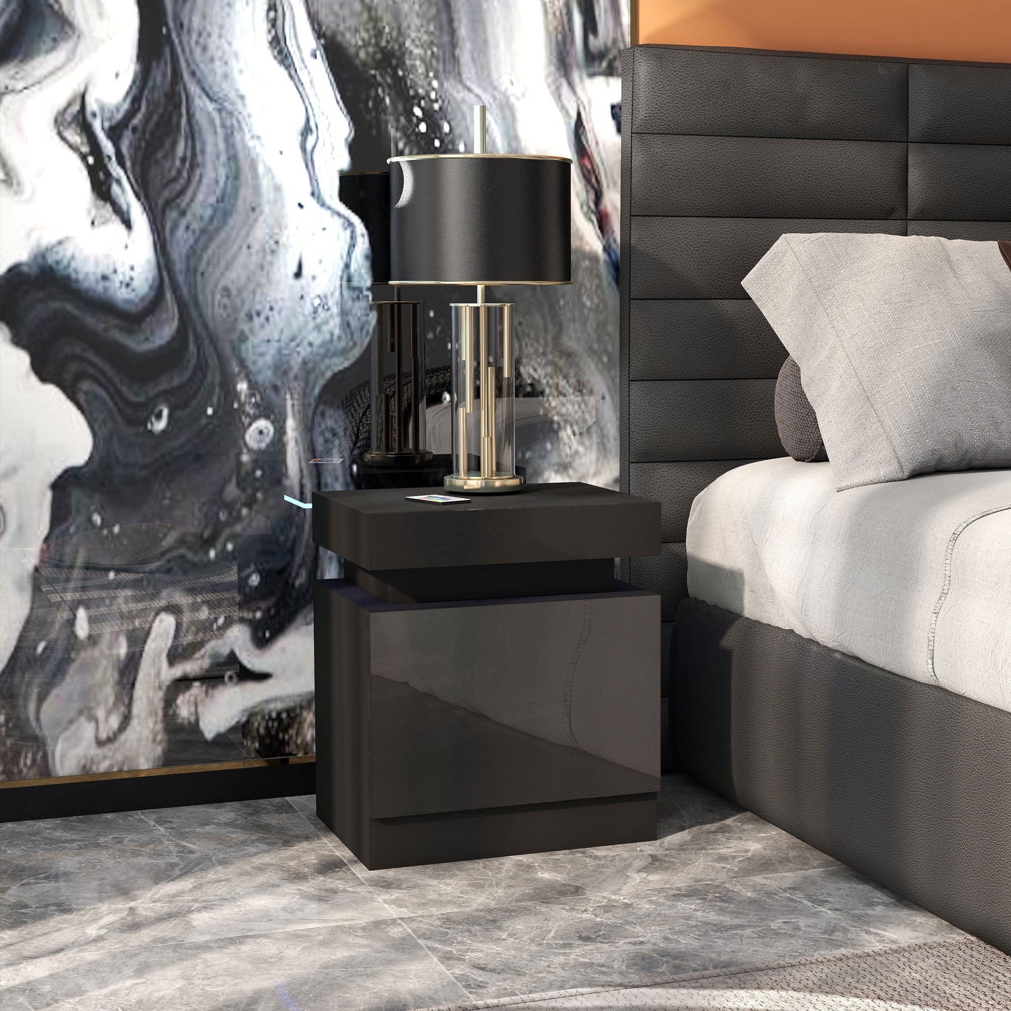 HOMCOM Black Bedside Table with LED Light, High Gloss Front Nightstand with 2 Drawers, for Living Room, Bedroom - North Peak Garden Furniture