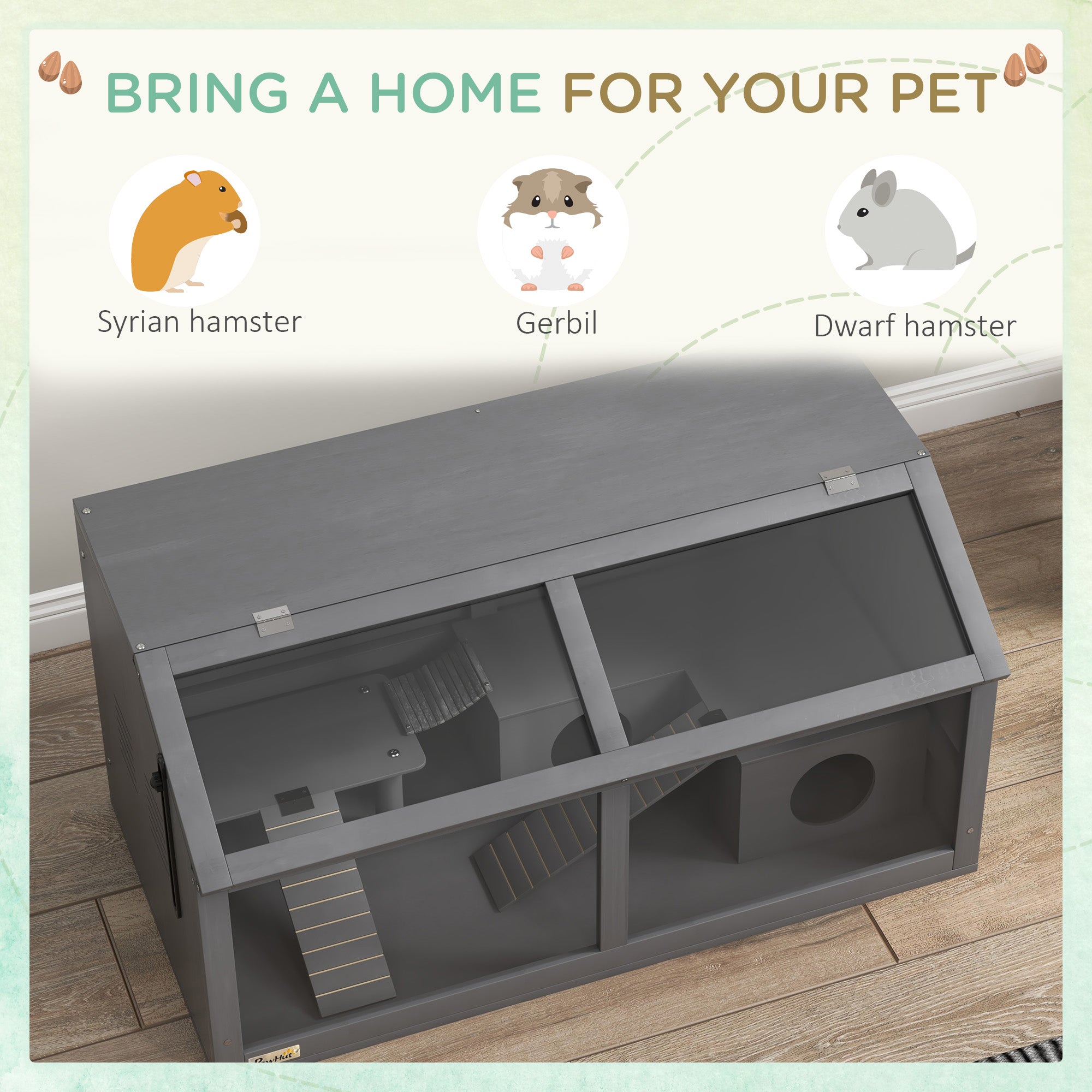 PawHut Hamster Cage, Wooden Small Animal Cage for Gerbils, Mice w/ Suspension Bridge, Openable Top, Hut, 85 x 45 x 44cm - Grey - North Peak Garden Furniture