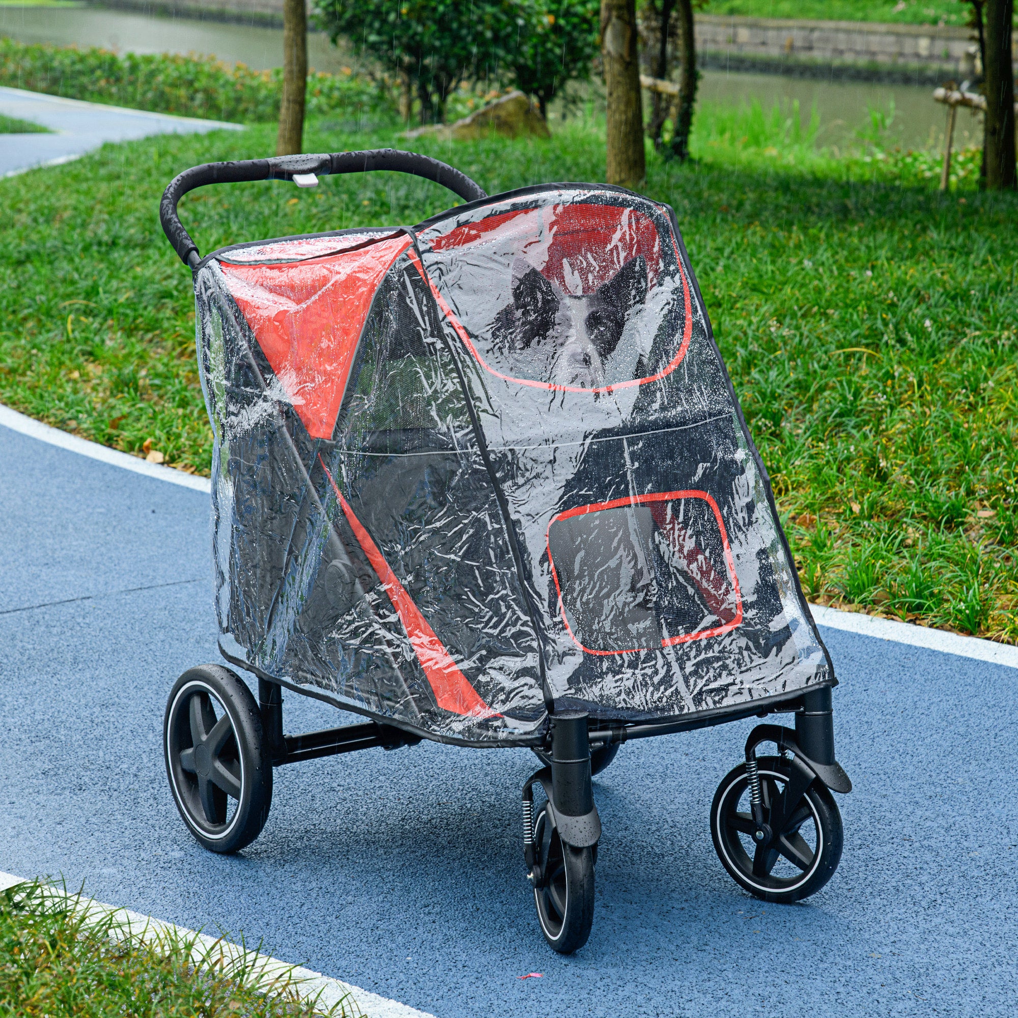 PawHut One-Click Foldable Pet Travel Stroller with Rain Cover, Cat Dog Pushchair with Universal Front Wheels, Shock Absorber, Storage Bags, Mesh Window, Safety Leash for Large and Medium Dogs (Red) - North Peak Garden Furniture