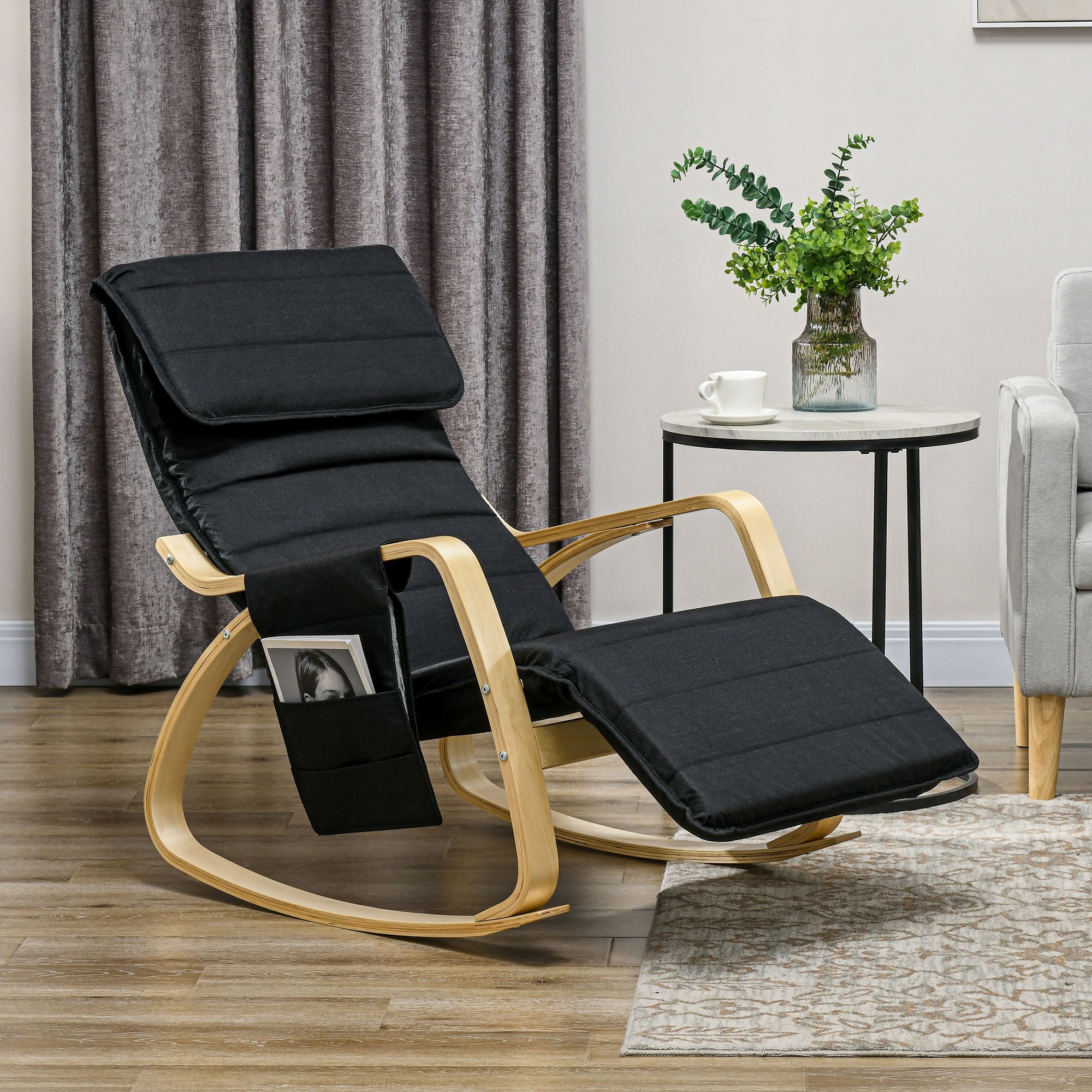 HOMCOM Rocking Lounge Chair Recliner Relaxation Lounging Relaxing Seat with Adjustable Footrest, Side Pocket and Pillow, Black - North Peak Garden Furniture