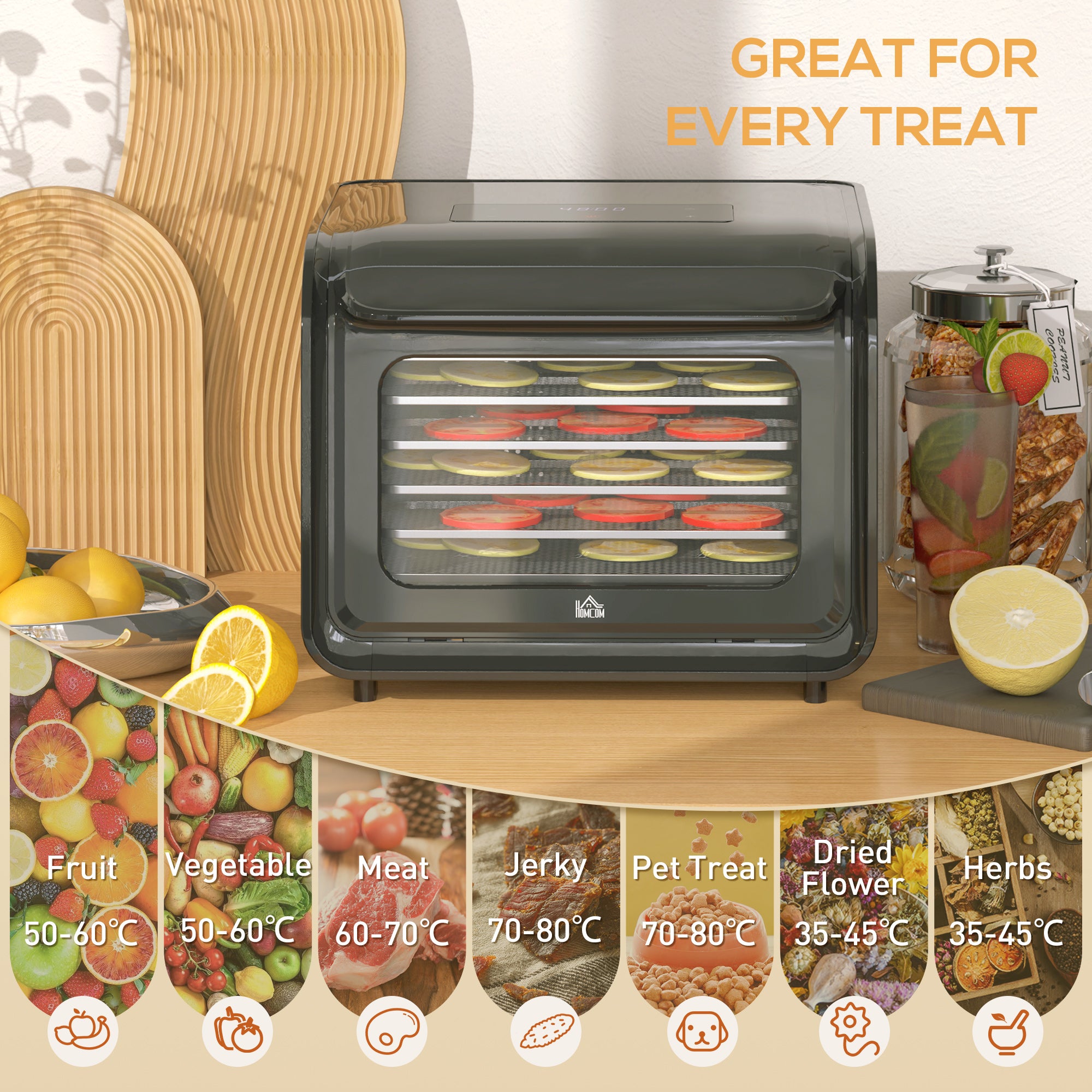 HOMCOM 35-70°C Six-Tray Food Dehydrator - Black - North Peak Garden Furniture