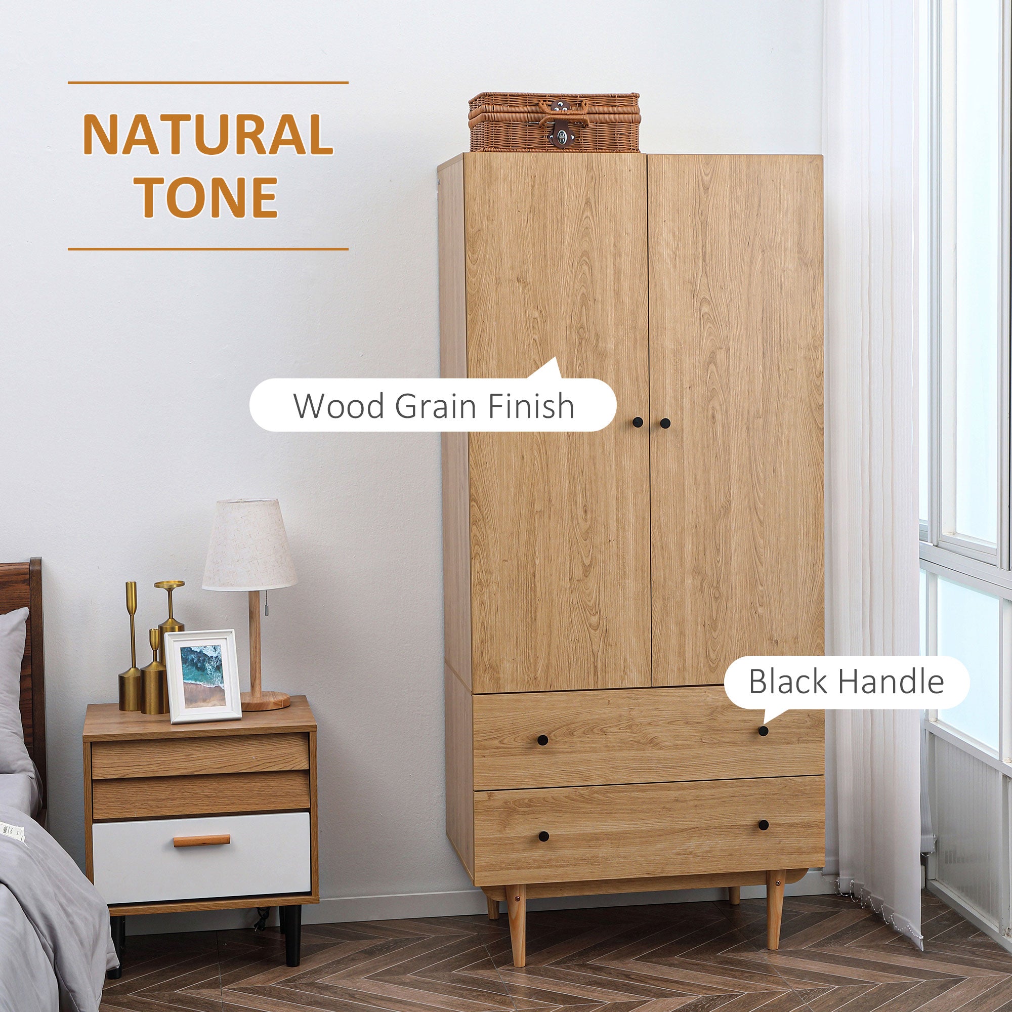 HOMCOM Wardrobe with 2 Doors, 2 Drawers, Hanging Rail for Bedroom Clothes Storage Organiser, 80x52x180cm, Natural Tone - North Peak Garden Furniture