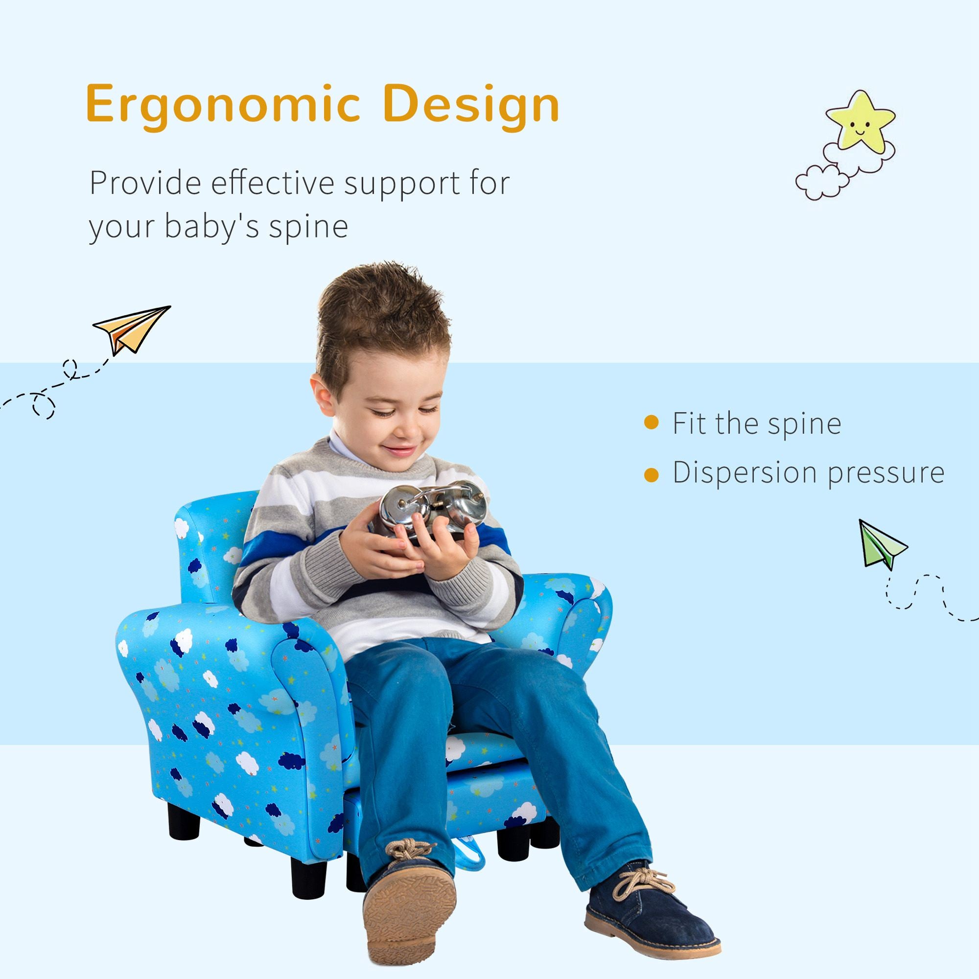 HOMCOM Toddler Chair Children's Armchairs Wood Frame w/ Footrest Anti-Slip Legs High Back Arms for Bedroom Playroom Cute Cloud Star Blue - North Peak Garden Furniture