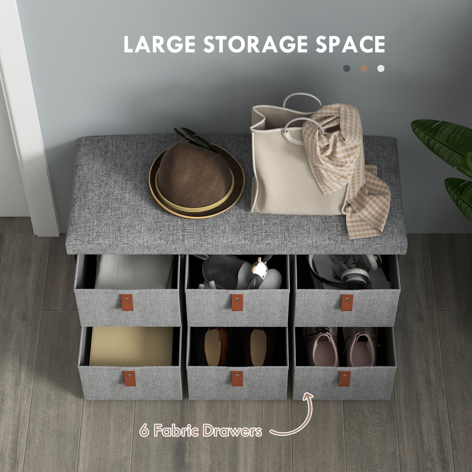 HOMCOM Shoe Bench with Seat, Shoe Storage Bench with Cushion and 6 Fabric Drawers for Entryway, Hallway, Living Room, Bedroom, Light Grey - North Peak Garden Furniture