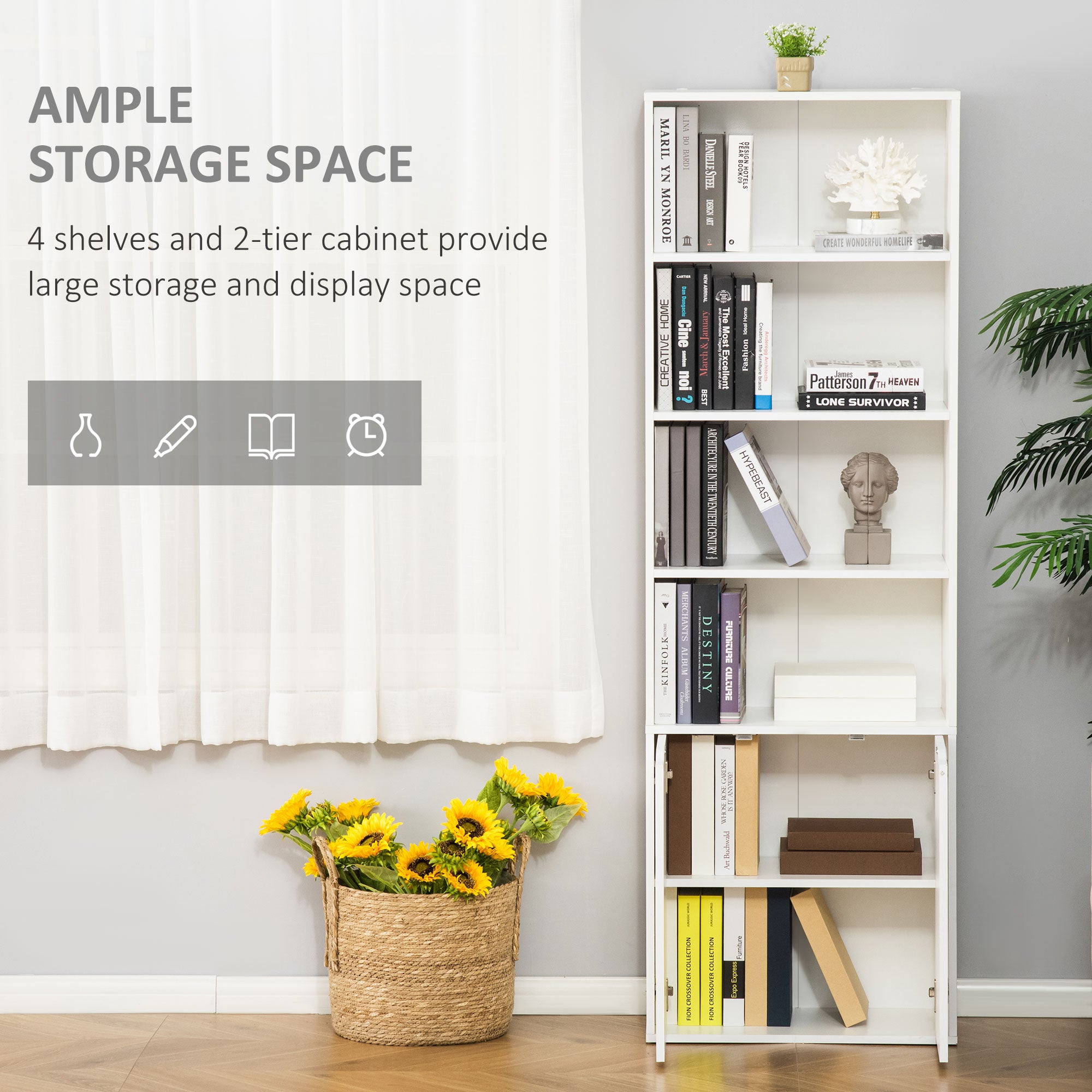 HOMCOM 6-Tier Tall Bookcase, Bookshelf with 4 Open Shelves and Double Door Storage Cabinet, Freestanding Display Rack for Living Room, Bedroom, Home Office, Study, 59 x 29 x 180cm, White - North Peak Garden Furniture