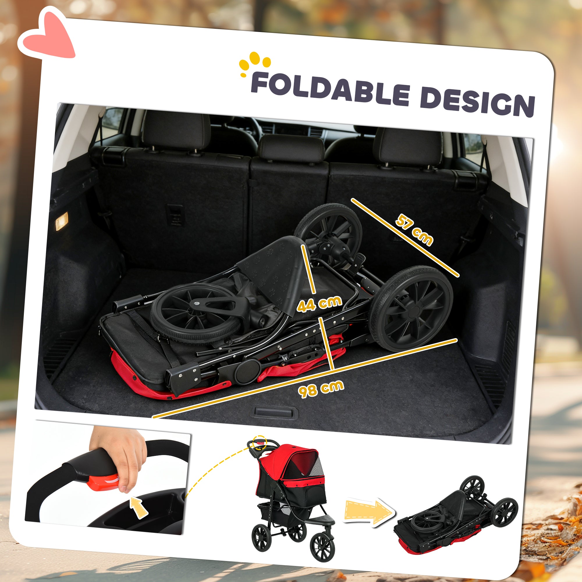 PawHut Dog Pram Dog Stroller Pet Stroller, 3 Wheels Dog Pushchair with Brake, for Small Miniature Dogs, Cats, Red