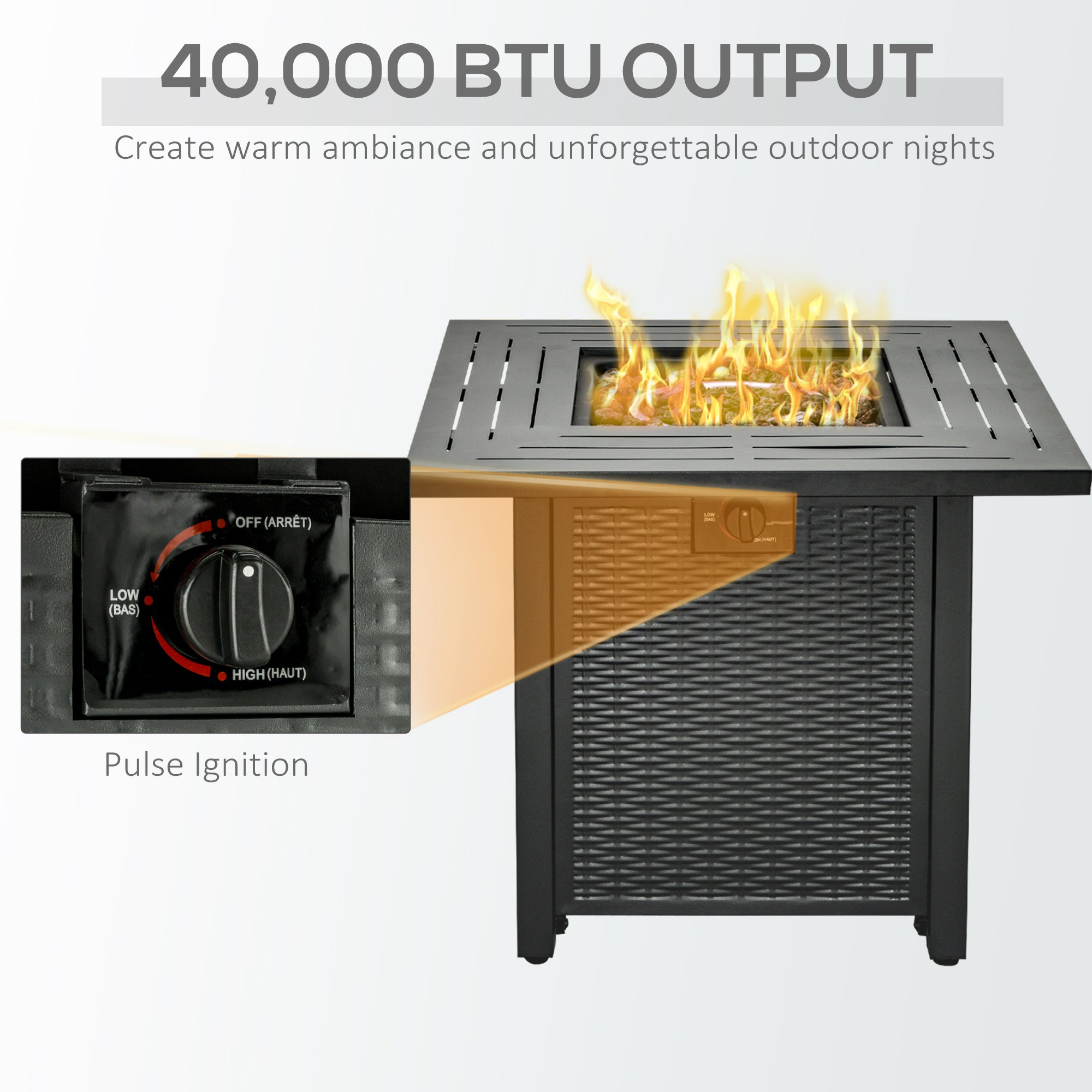 Outsunny Square Propane Gas Fire Pit Table, 40000 BTU Rattan Smokeless Firepit Patio Heater with Protective Cover, Lava Rocks and Lid, 71cm x 71cm x 62cm, Black