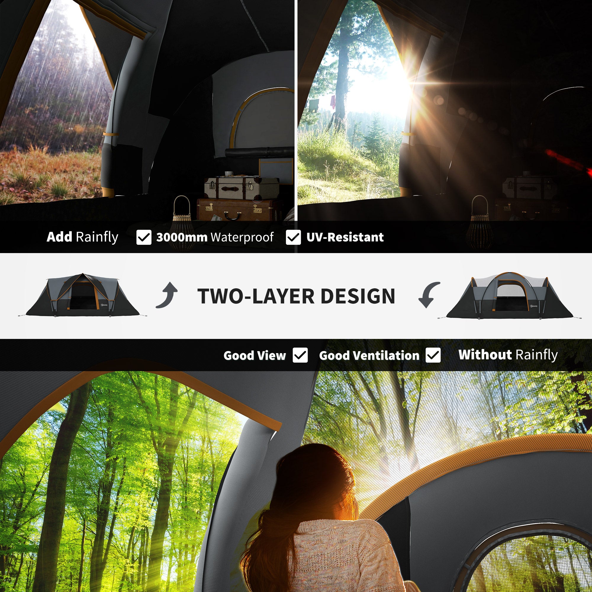 Outsunny 5-6 Man Dome Camping Tent Hiking Shelter UV Protection 3000mm Water Resistant Tunnel Tent - Multicolor - North Peak Garden Furniture