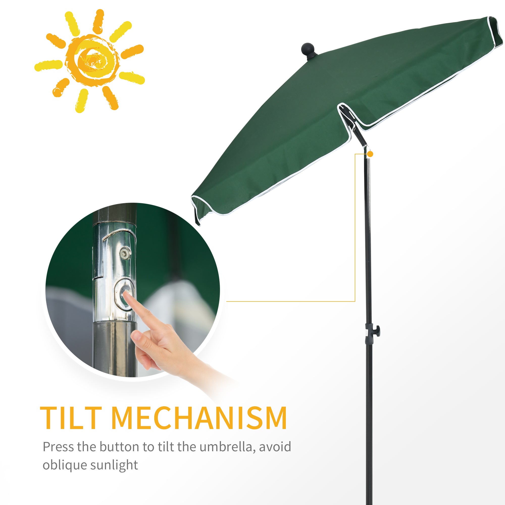 Outsunny Garden Parasol Umbrella, Outdoor Market Table Umbrella with Ruffles & Aluminium Pole, Rectangular Tilting Parasol Sun Shade Canopy, 2 x 1.3m, Green - North Peak Garden Furniture