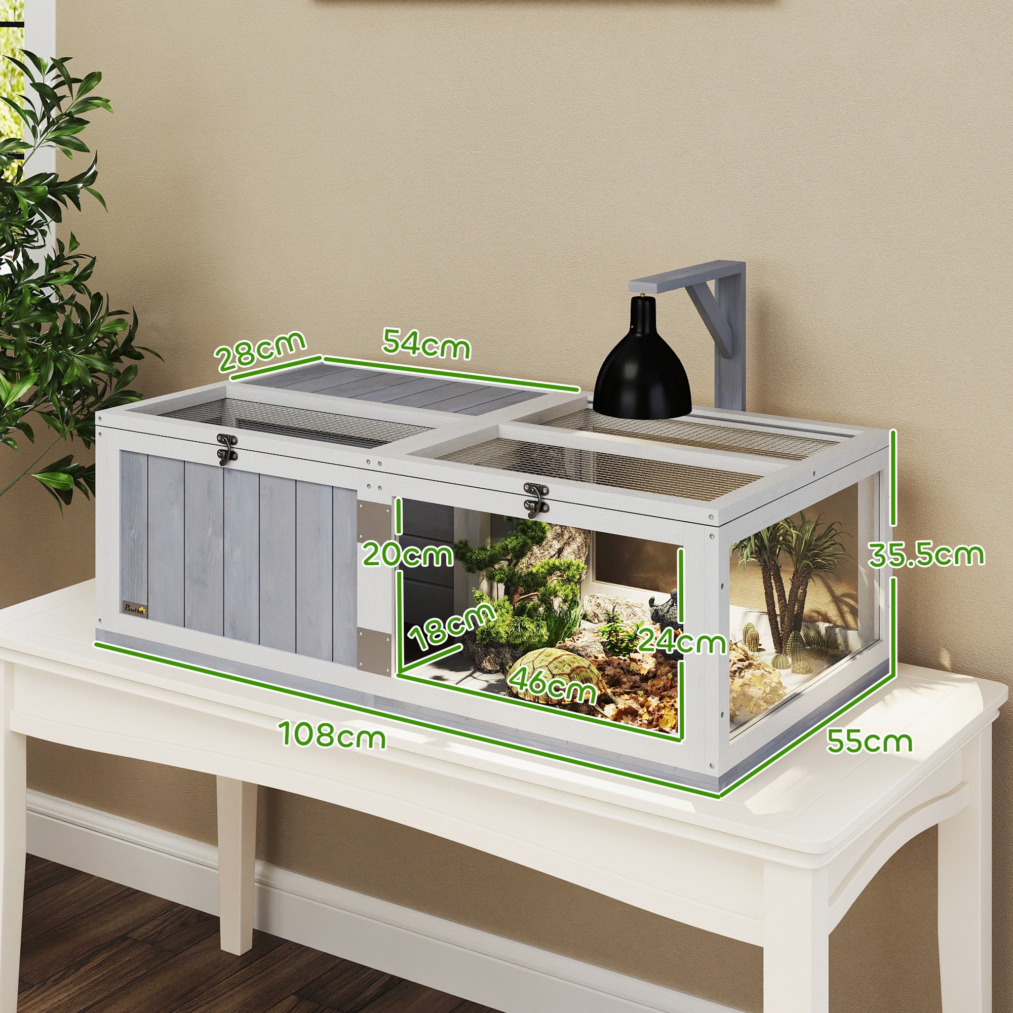 PawHut Wooden Tortoise House with Lamp Holder, Clear Observation Window, Openable Tops, Built-in Tray, Light Grey