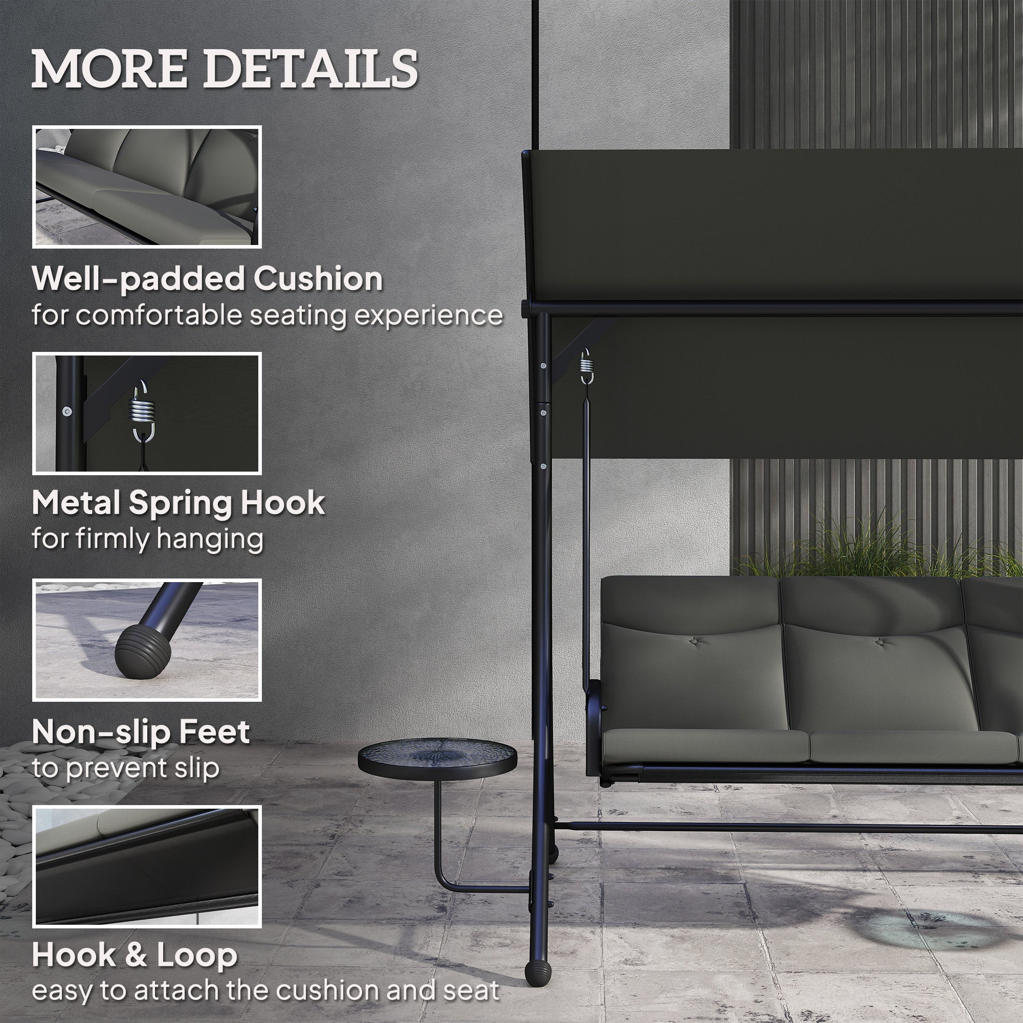 Outsunny Three-Seater Garden Swing, with Adjustable Canopy - Black/Grey