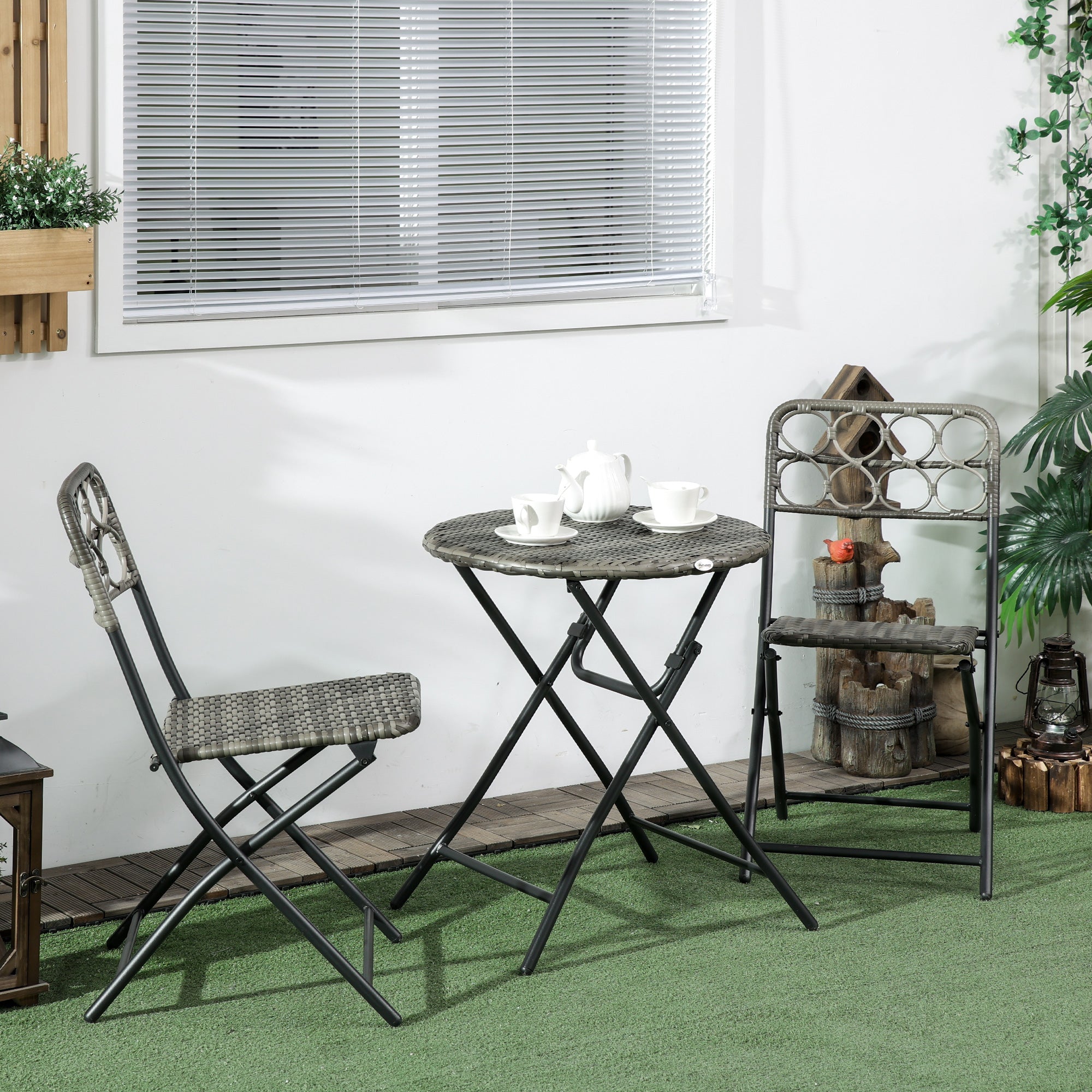 Outsunny 3 Pieces Rattan Bistro Set, Wicker Folding Garden Furniture Set with Coffee Table and Chairs for Outdoor, Patio, Balcony, Grey - North Peak Garden Furniture