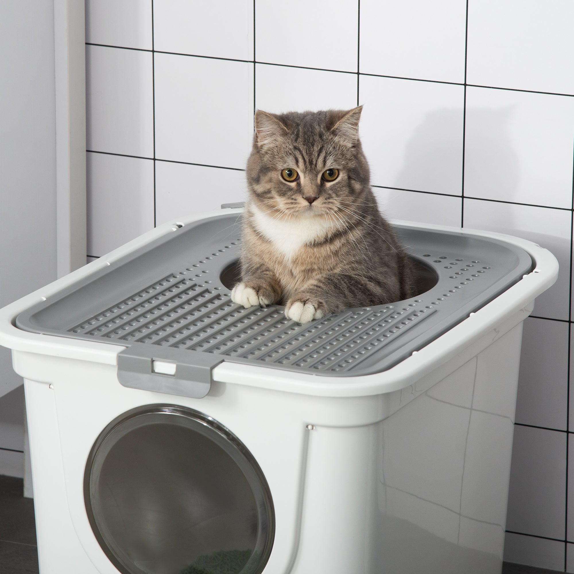 PawHut Enclosed Cat Litter Box, Easy Clean Pet Toilet, Front Entry & Top Exit, Includes Scoop, Sleek White | Aosom UK