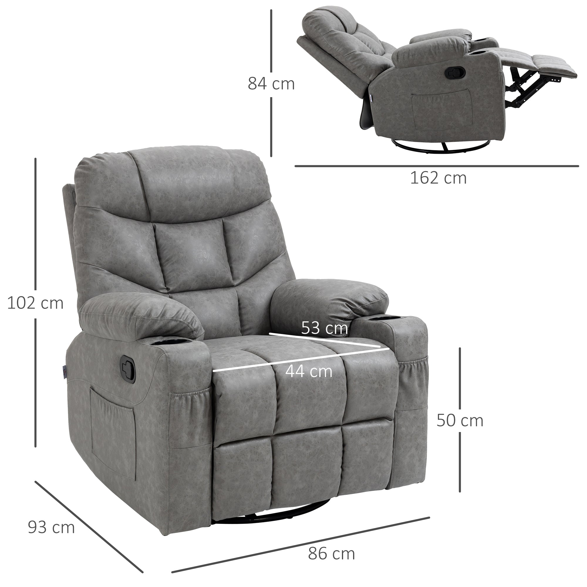 HOMCOM Manual Reclining Chair, Recliner Armchair with Swivel, Faux Leather, Below, Cup Holders, 86x93x102cm, Grey - North Peak Garden Furniture
