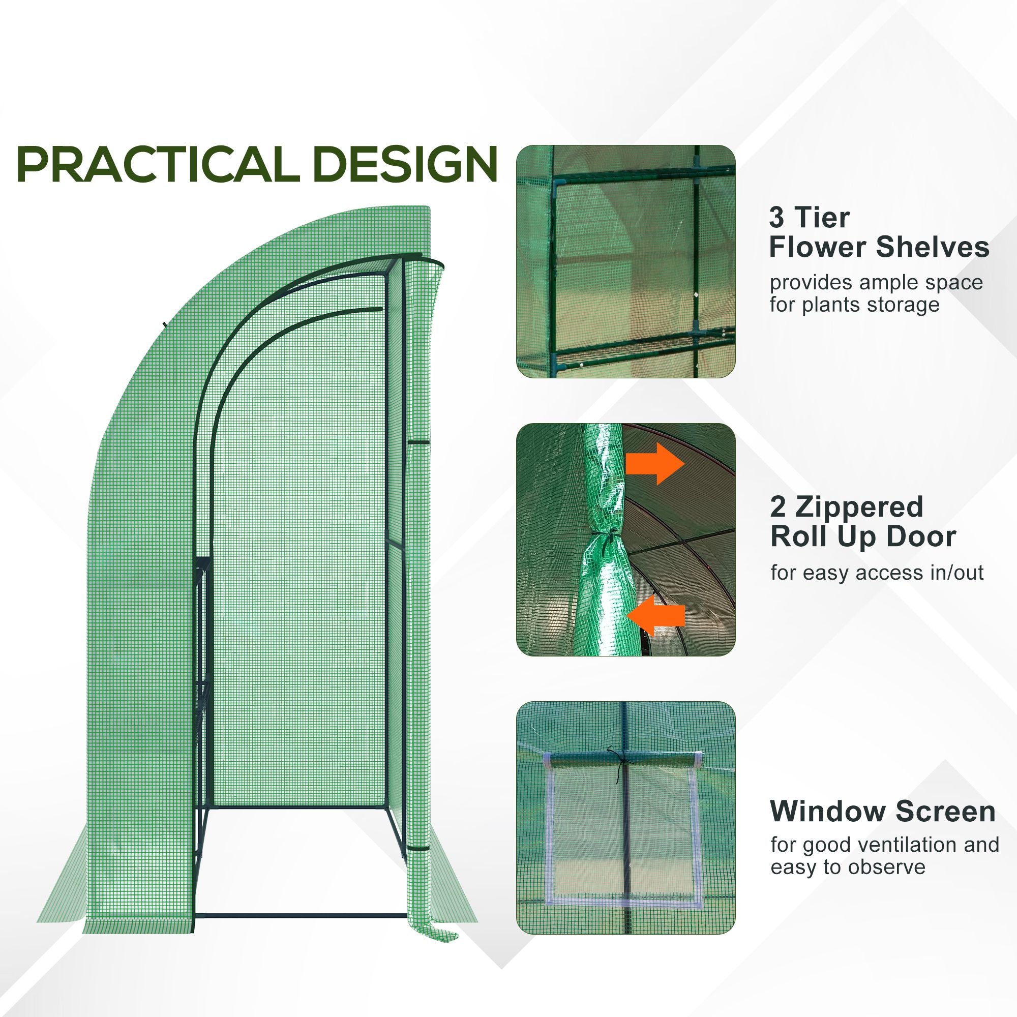 Outsunny Walk-In Lean to Wall Greenhouse with Windows and Doors, Outdoor Green House with 3 Tiers 4 Wired Shelves, 200L x 100W x 215Hcm, Green - North Peak Garden Furniture