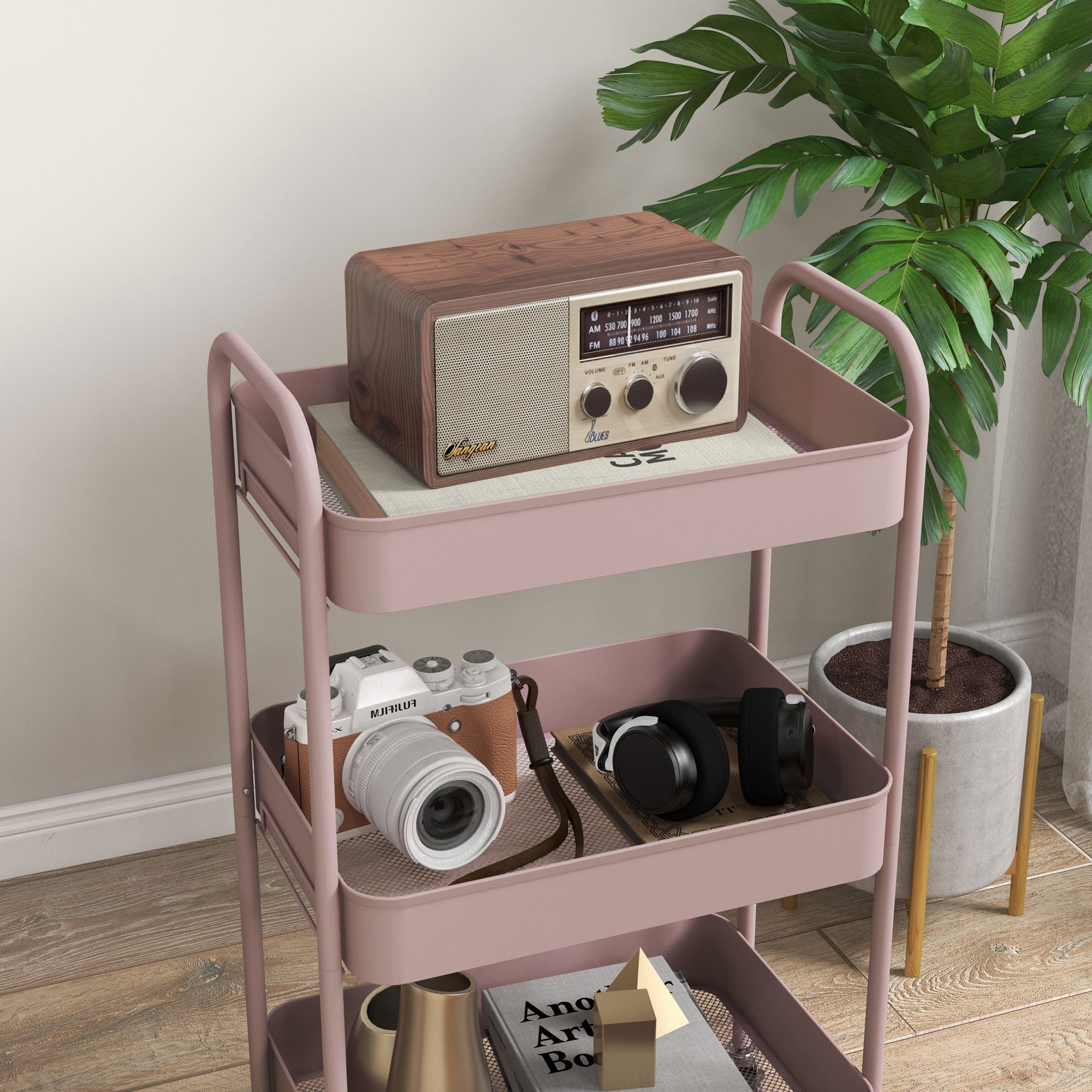 HOMCOM Three-Tier Steel Storage Trolley - Pink