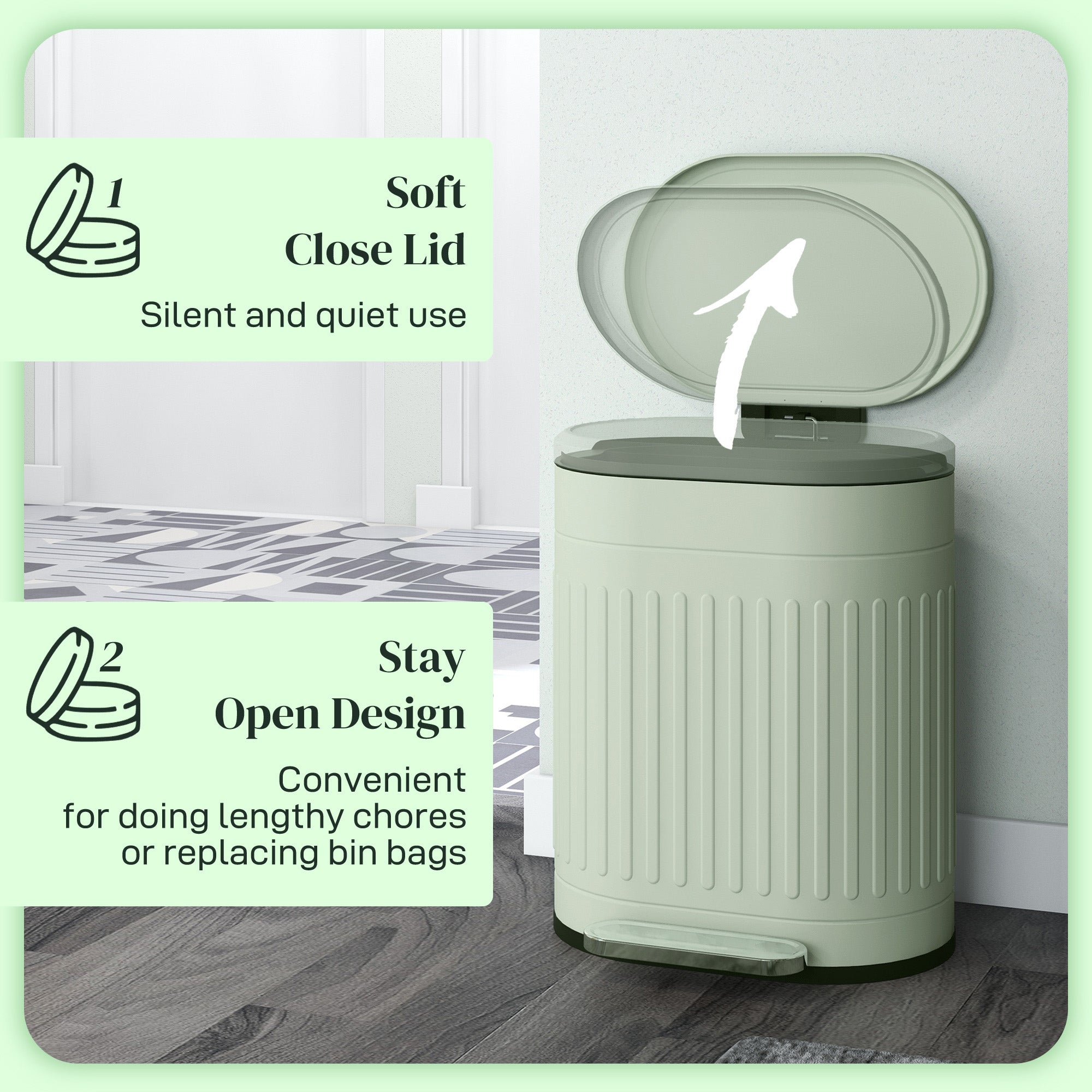 HOMCOM 20 Litre Pedal Bin, Fingerprint Proof Kitchen Bin with Soft-close Lid, Metal Rubbish Bin with Foot Pedal and Removable Inner Bucket, Light Green - North Peak Garden Furniture