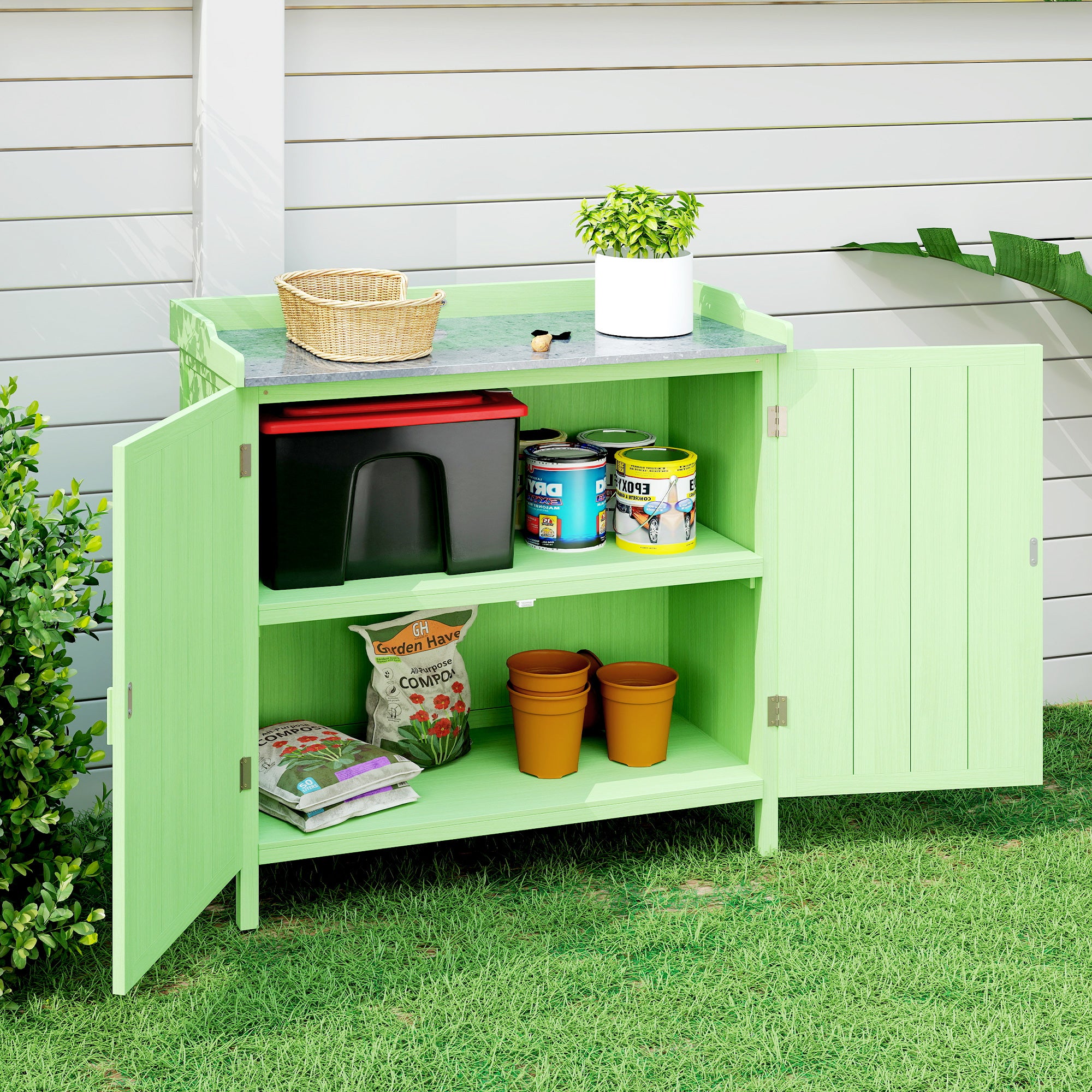 Outsunny Wood Garden Storage Cabinet, Outdoor Tool Shed, Potting Bench Table with galvanised Top and Two Shelves for garden Tools or Pool Accessories, Green