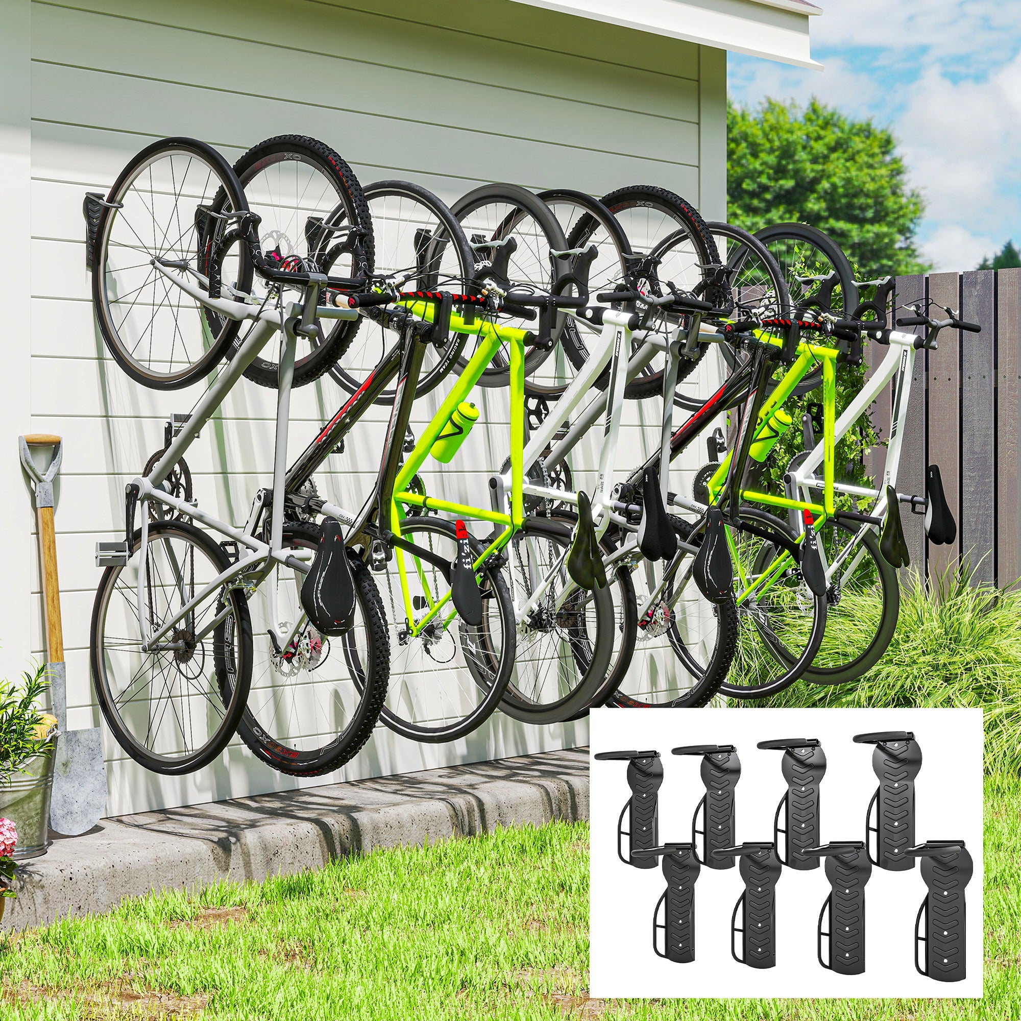 SPORTNOW 8 Pack Bike Rack, Wall Mounted Bicycle Hanger Hook, Foldable Garage Bike Wall Rack, Bicycle Storage Holder for Indoor Outdoor Use - North Peak Garden Furniture