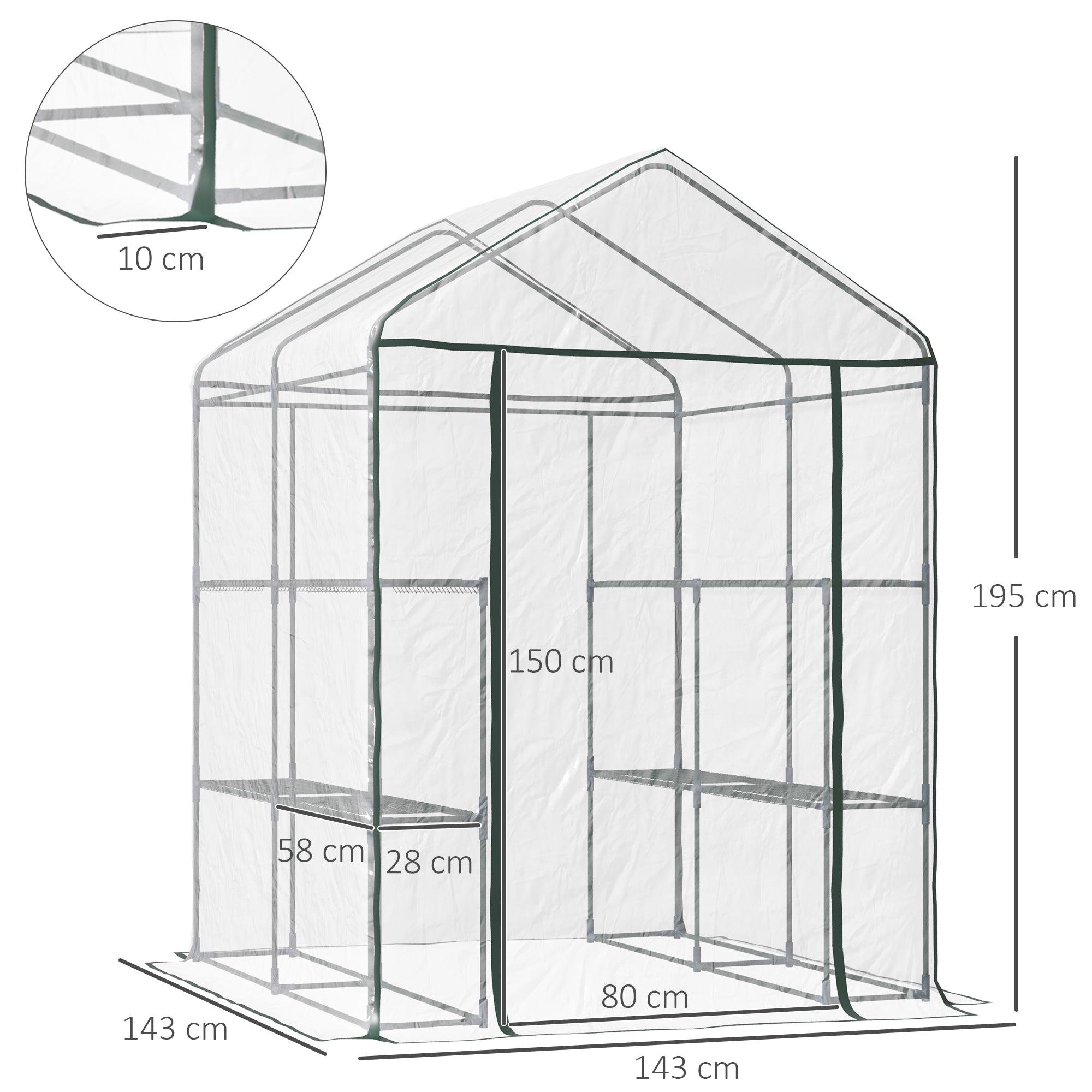 Outsunny Walk in Greenhouse with 3-Tier 8 Shelves, Green House with Hemmed Cover, Roll-up Zipped Door, Steel Frame, 143 x 143 x 195cm - North Peak Garden Furniture